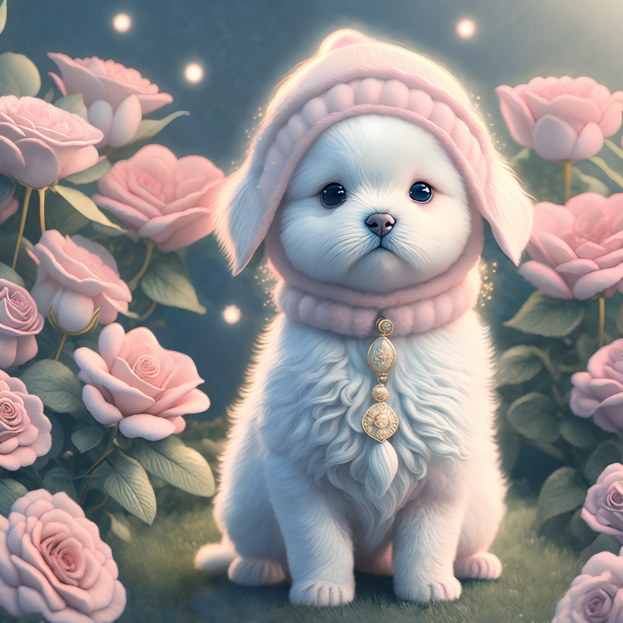 In this ultra-detailed CG art, the adorable puppy surrounded by ethereal roses, best quality, high resolution, intricate details, fantasy, cute animals