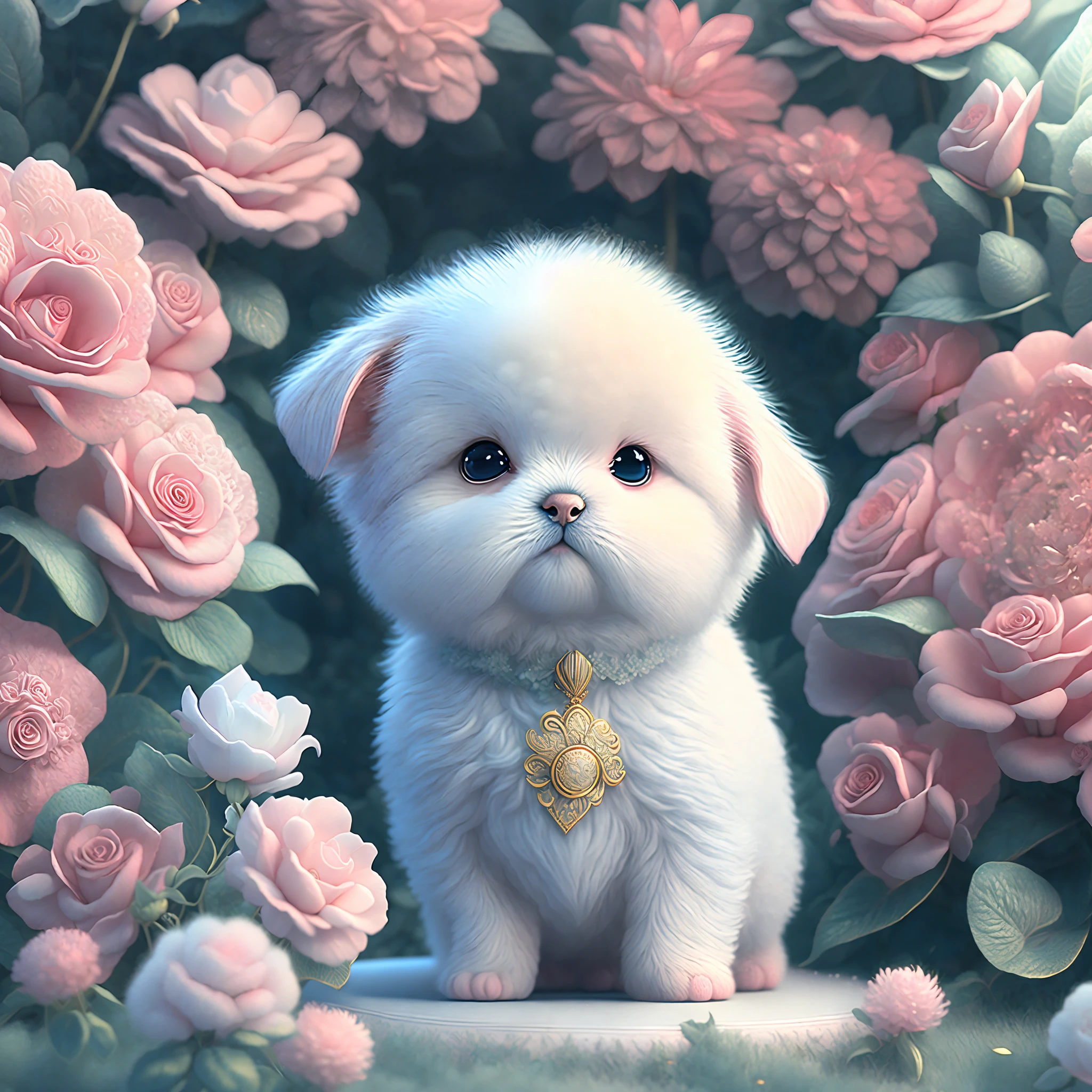 在這個超詳細的CG藝術中, 可爱的小狗被飘逸的玫瑰包围着, 最好的品質, 高解析度, 錯綜複雜的細節, 幻想, 可愛的動物