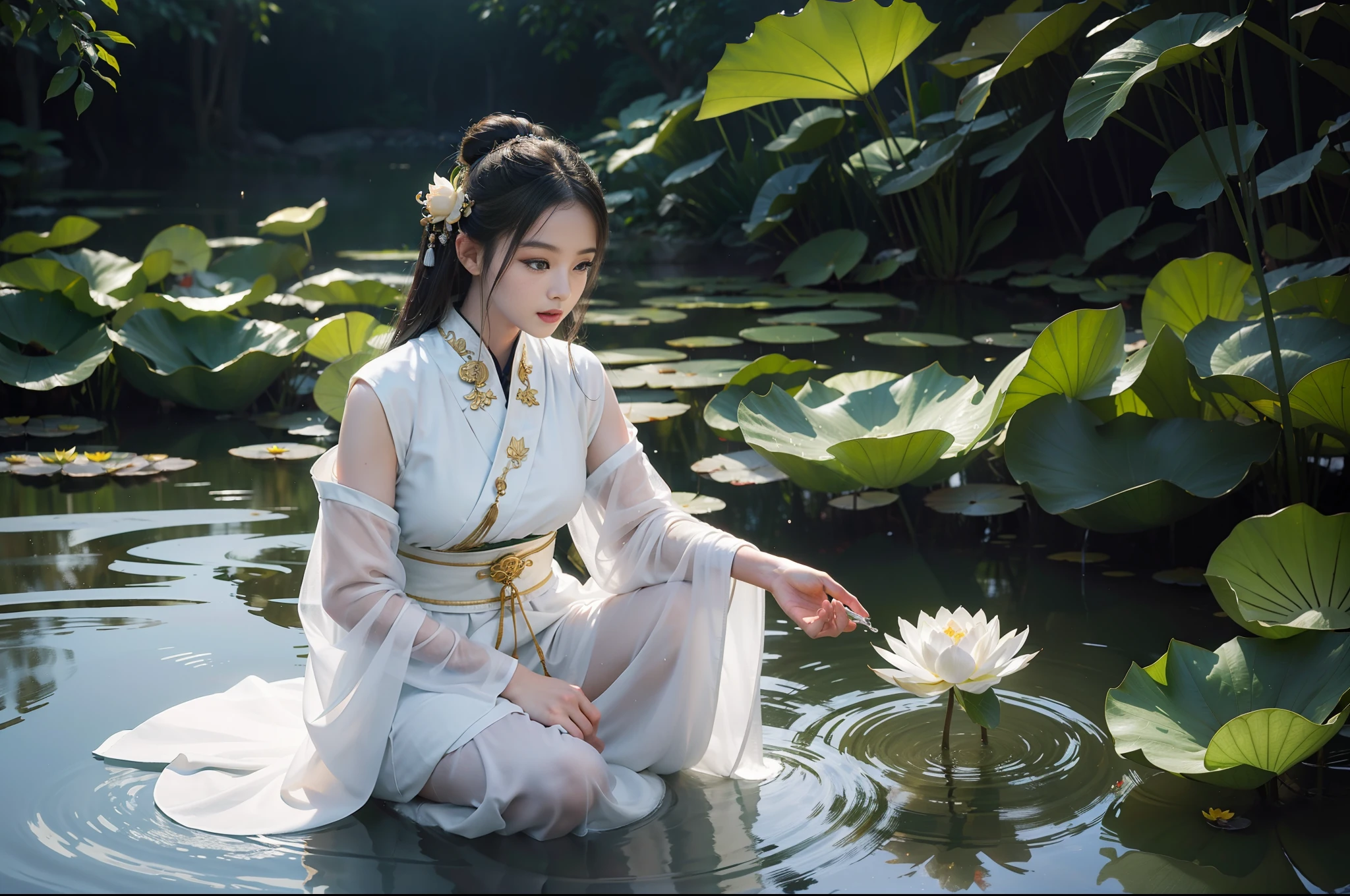 realistic, big vista, wide-angle lens, intricate details, super detailed, natural skin texture, 1 girl, hair bundle, bun, beautiful chinese woman in white hanfu robe cloak, fairy, white mist, golden light, white mist, outdoors, on the shore of Hangzhou West Lake, next to the lotus pond, (colorful, vivid, sunny, cool light: 1.2) lotus leaves in the pond, delicate facial details, dynamic poses, exquisite details, wide view, epic details, global illumination - ar 3:2 - q 5 - V 5.1 - Style RAW-S 750, style influenced by ancient Chinese art, complex, high detail, sharp focus, dramatic, photorealistic painting art, lotus leaf, spring rain, bright, light, atmospheric, bright tones of spring, super detail, 16k, best quality, soft light, space, crystal clear, natural light, surreal photography,