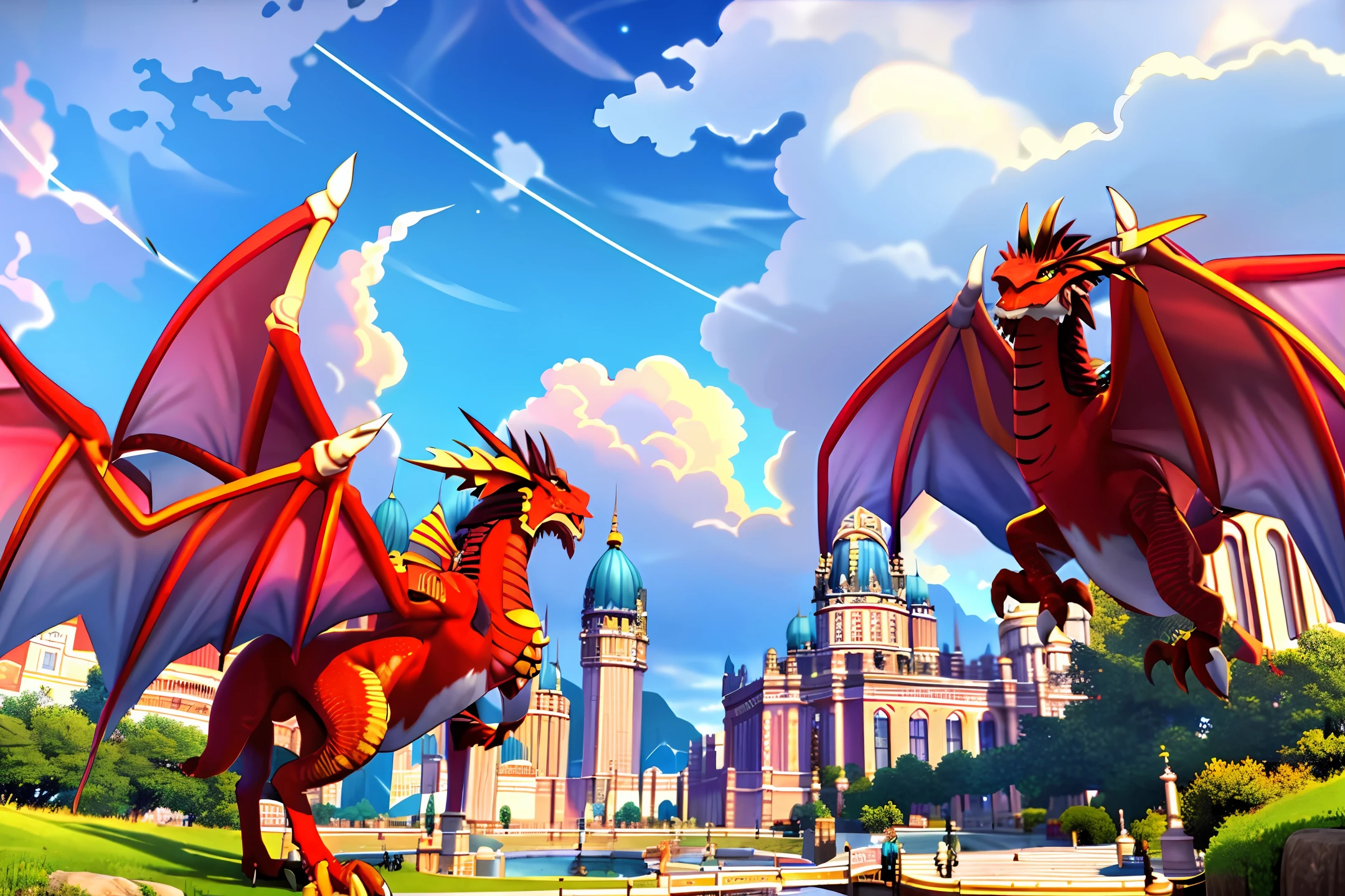 Magnificent sky city, huge dragons, Western-style palaces, small people