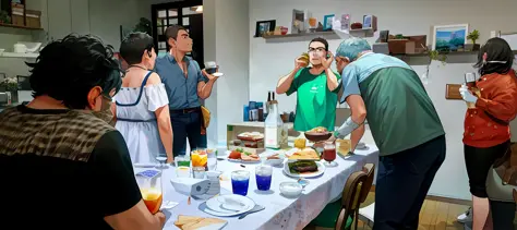 several people standing around a table with food and drinks, celebration of coffee products, the table is full of food, exclusive, discovered photo, by Luis Miranda, lifestyle, by Nándor Katona, 4k post, 4 k post, good morning, by Robert Combas, by Fernand...