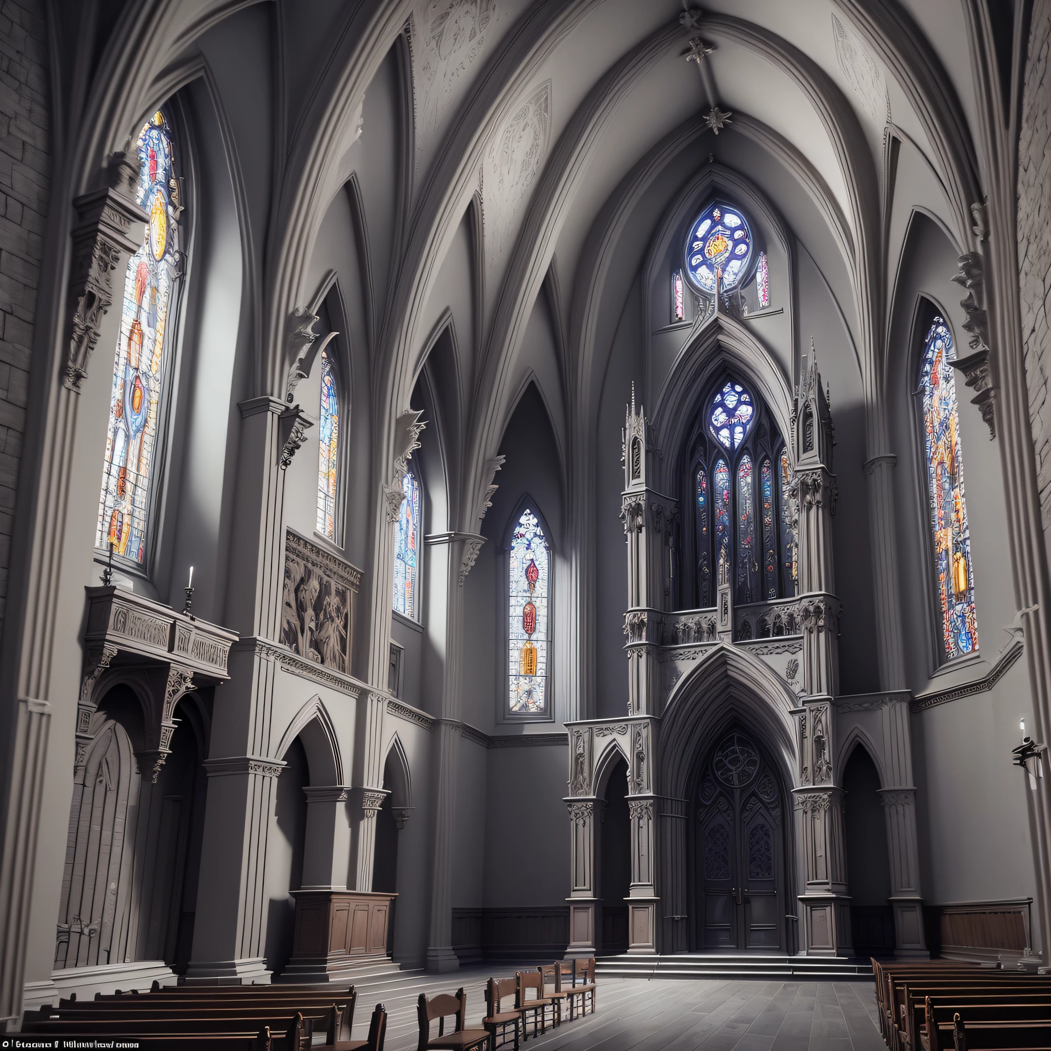 Gothic architecture, stone walls, pointed arched doors and windows, pale moon, hanging statues, altar in the center of the church, oil candles, extremely detailed carvings and architectural decorations, eerie and mysterious. The overall style is based on the background generated by Dark Goku --auto --s2