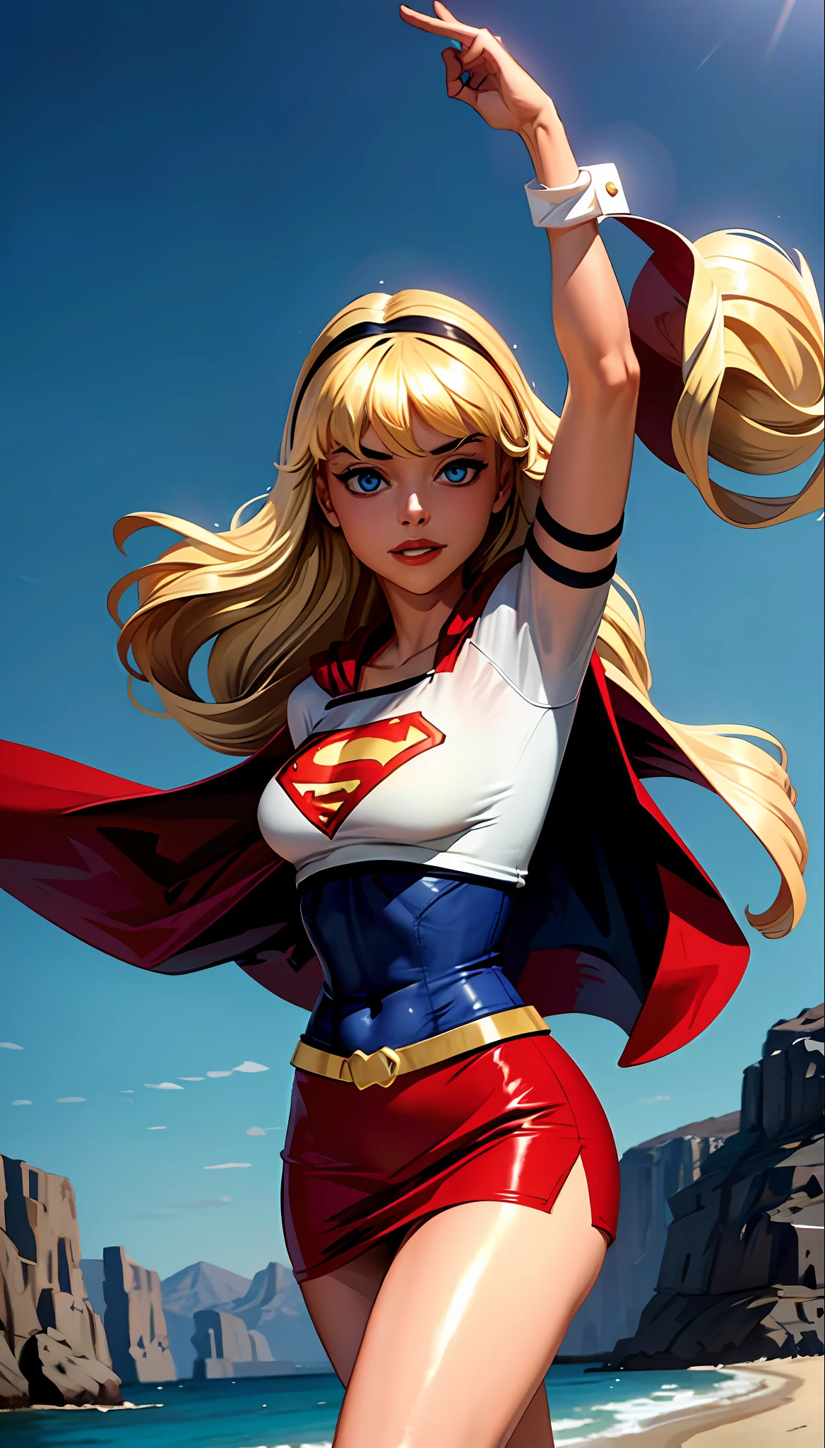 (cowboy shot), SFW, (masterpiece), (best quality: 1.0), (ultra highres: 1.0), detailed eyes,
BREAK
Supergirl, 1girl, long blonde hair, in the air, flying
Hair band, \(blue\) crop top, short sleeves, cape, red pencil skirt, gloves, boots
BREAK
(Morning sun, beautiful beaches, stunning view)