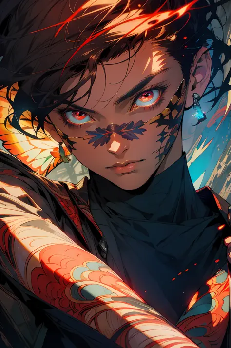 Realistic, (masterpiece, top quality, best quality, official art), very detailed, colorful, most detailed, gods, short hair, (glowing red eyes), mysterious, (magic), handsome man, butterfly