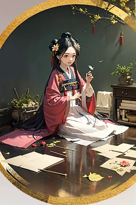masterpiece, best quality, hanfukozue, 1girl, black hair, bug, butterfly, barefoot, solo, hair ornament, sitting, hanfu, chinese clothes, anklet, leaf, fruit, jewelry, white background, long sleeves, simple background, food, grapes, full body, single hair ...