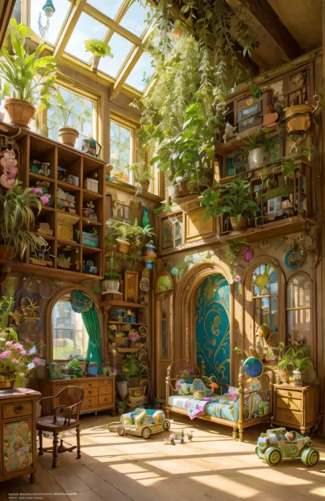 Architectural Digest photo of a {vaporwave/steampunk/solarpunk} ((Child room)) green, with a lot kid toys, with dolls, with a bi...