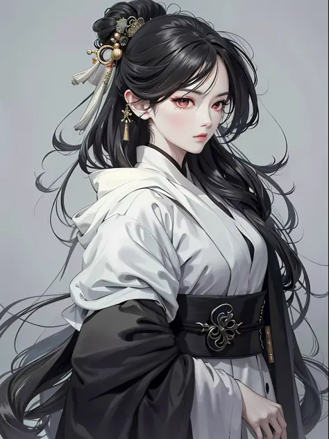 Masterpiece, Excellent, Rainy Day, Chinese Style, Ancient China, 1 Woman, Ink Painting, Mature Woman, Silver-White Long-Haired Woman, Pale Pink Lips, Indifference, Seriousness, Bangs, Assassin, Sword, White Clothes, Blood, Facial Bloodstains, Facial Detail...