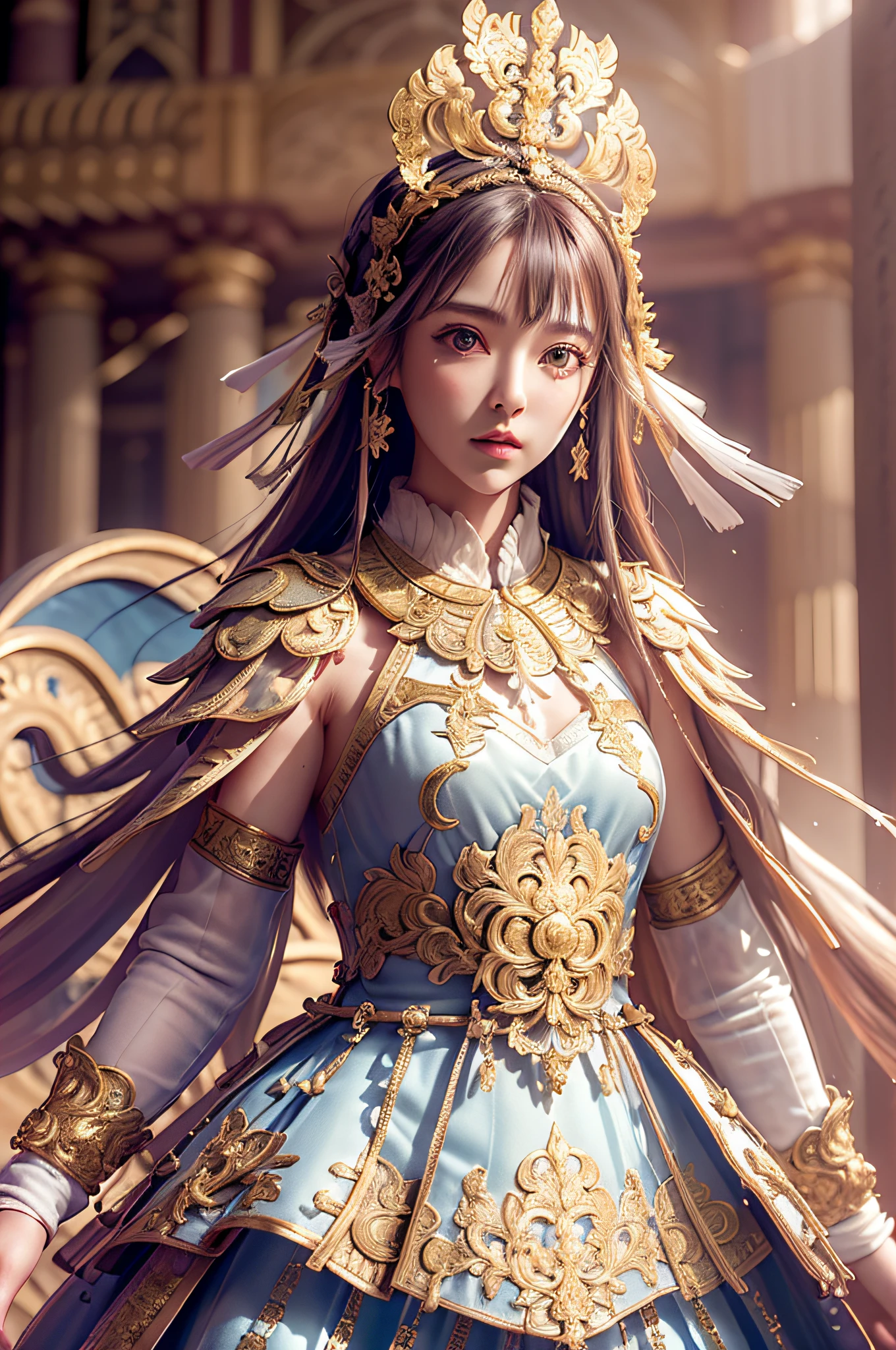 ((masterpiece))), (((best quality))), ((ultra-detailed)), (hyperrealistic), (highly detailed CG illustration), cinematic light, photorealistic ,extremely beautiful young lady, light makeup, intricate detailed eaba, white intricate cape, dynamic pose, spear