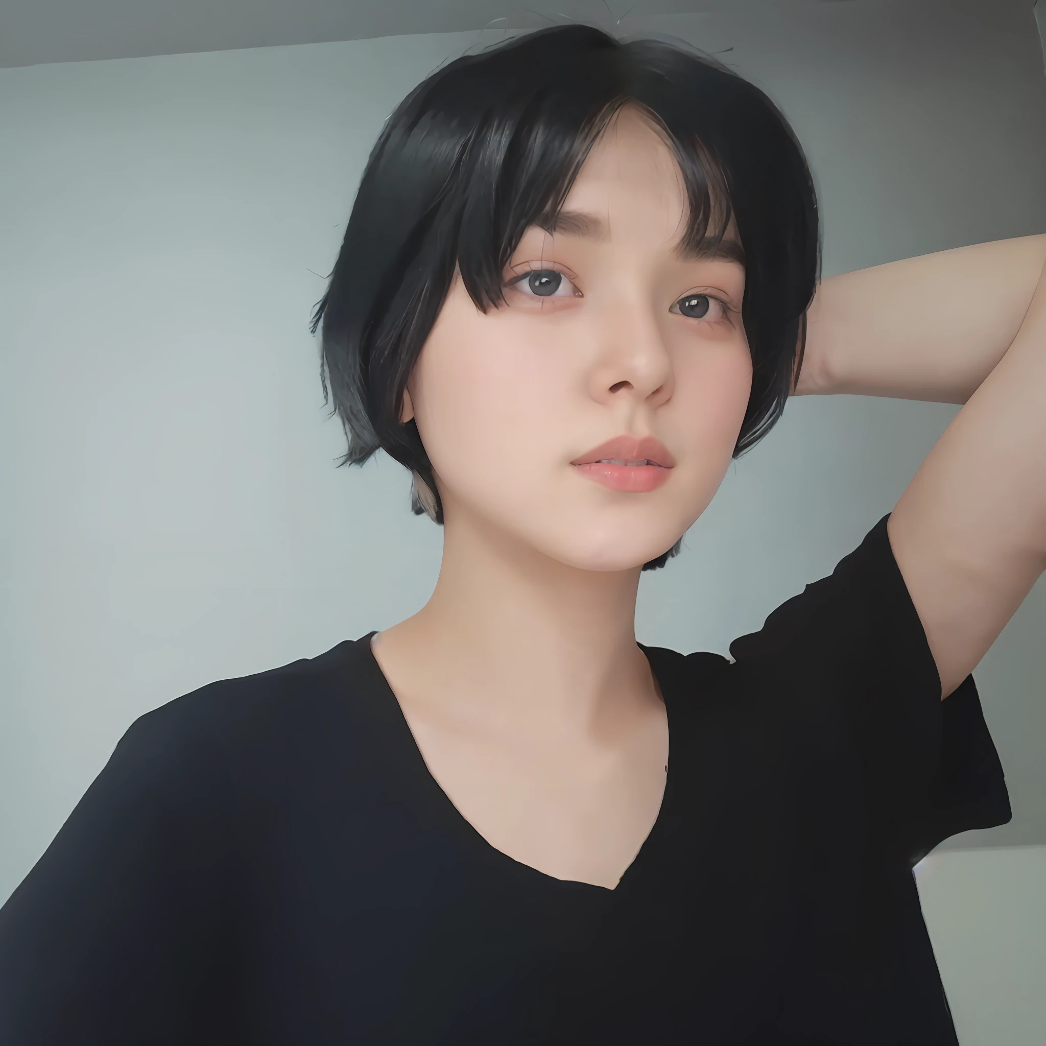 there is a woman that is taking a selfie in the mirror, with short hair, with round face, 8k selfie photograph, androgynous person, she is facing the camera, she has black hair with bangs, she is about 1 6 years old, boy has short black hair, with black hair, wan adorable korean face, low quality photograph