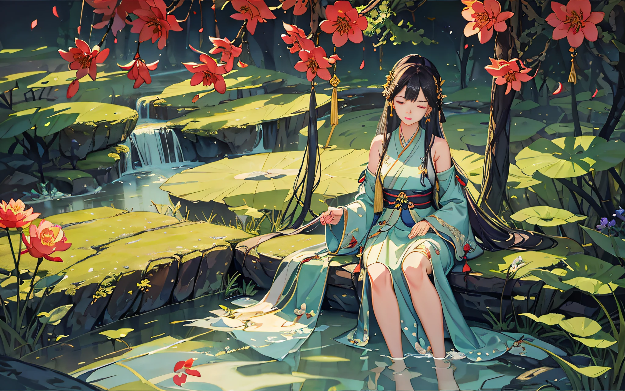 Dark green Hanfu, a woman, cool, fair skin, sea of flowers, pond, petals floating on the water, lily, clavicle, eyes closed, half submerged in water, dark background, moonlight, hairpin, jade pendant, Hanfu, delicate face, hair accessories, red lips, skirt, belt, jewelry, long hair, earrings, , hair strands, perfect body proportions, wet, slender legs, bridge
