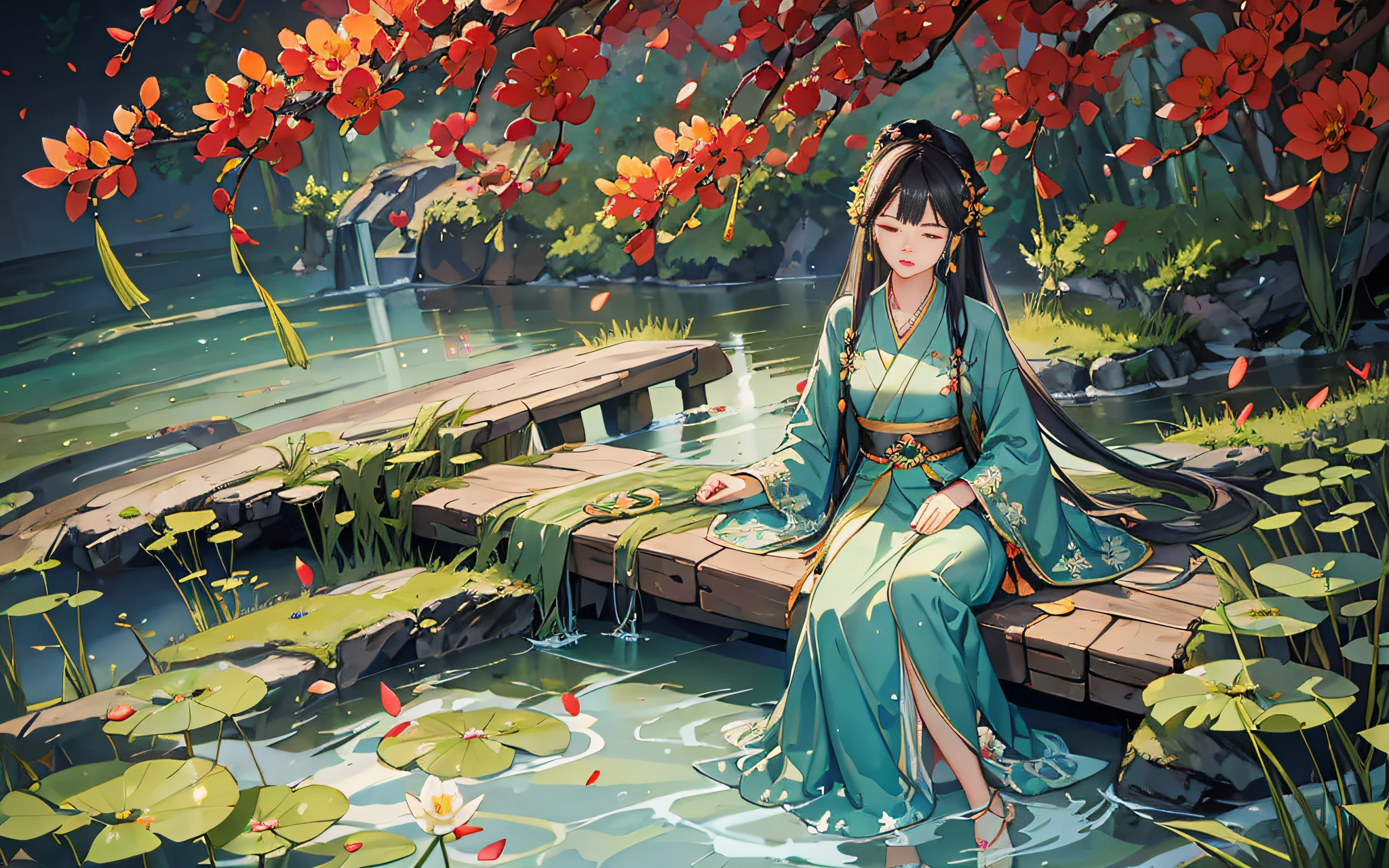 Dark green Hanfu, a woman, cool, fair skin, sea of flowers, pond, petals floating on the water, lily, clavicle, eyes closed, half submerged in water, dark background, moonlight, hairpin, jade pendant, Hanfu, delicate face, hair accessories, red lips, skirt, belt, jewelry, long hair, earrings, , hair strands, perfect body proportions, wet, slender legs, bridge