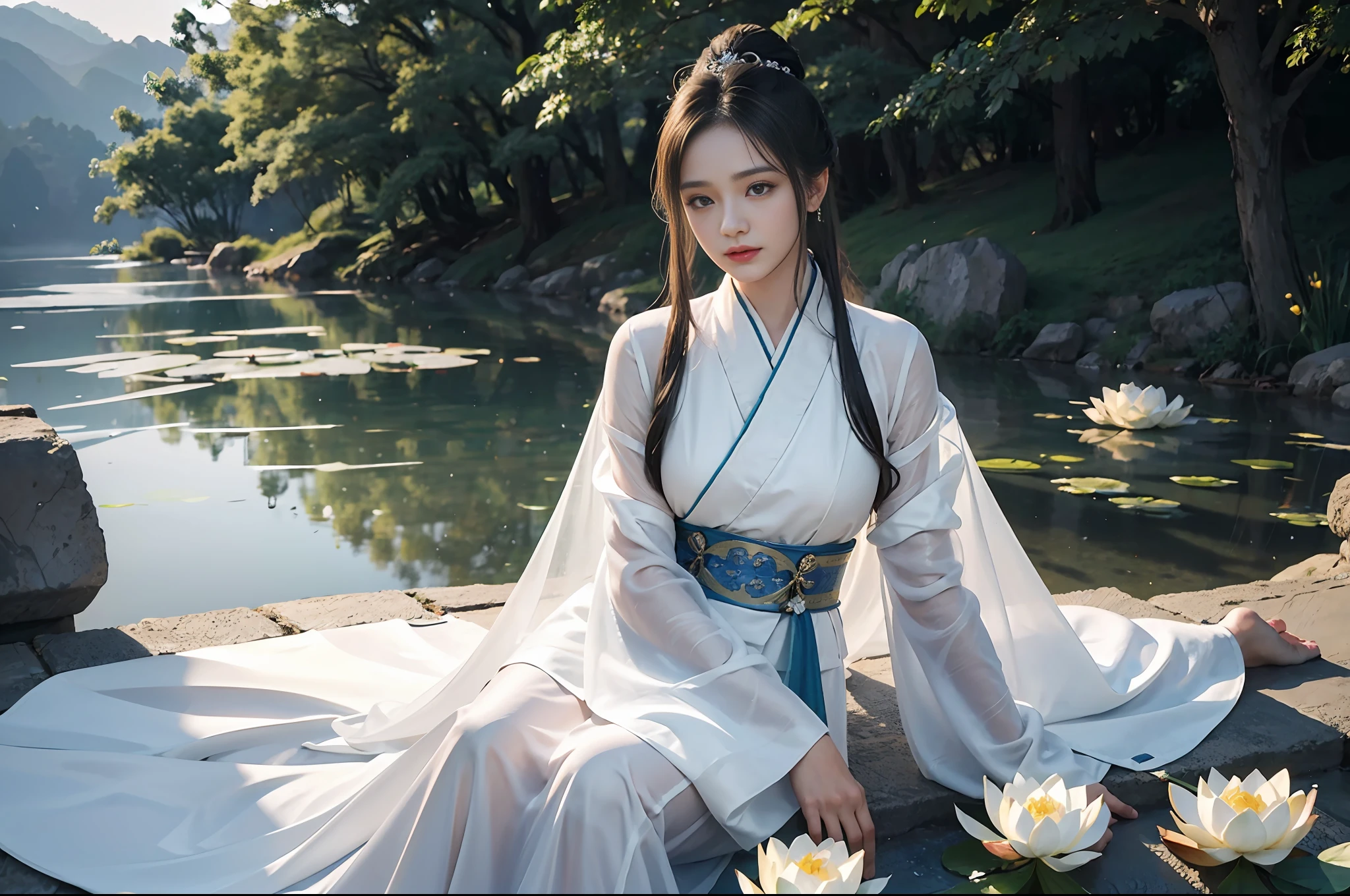 Realistic, close-up, intricate details, super detailed, natural skin texture, 1 girl, hair bundle, bun, beautiful Chinese woman in white hanfu robe cloak, fairy, white mist, golden light, white mist, outdoors, in Hangzhou West Lake, in ancient Chinese pavilion, (colorful, vivid, sunny, cool light: 1.2) lotus leaves in pond, delicate facial details, dynamic poses, exquisite details, wide field of view, epic details, global illumination - ar 3:2 - q 5 - v 5.1 - Style RAW-S 750, style influenced by ancient Chinese art, complex, high detail, sharp focus, dramatic, photorealistic painting art, lotus leaf, spring rain, bright, light, atmosphere, bright tones of spring, super detail, 16k, best quality, soft light, space, crystal clear, natural light, surreal photography,