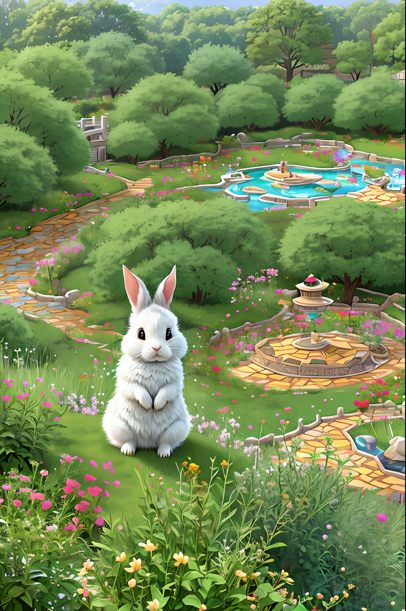 Highly detailed, coloring book style, cute rabbit in flower garden, chinese, monochrome