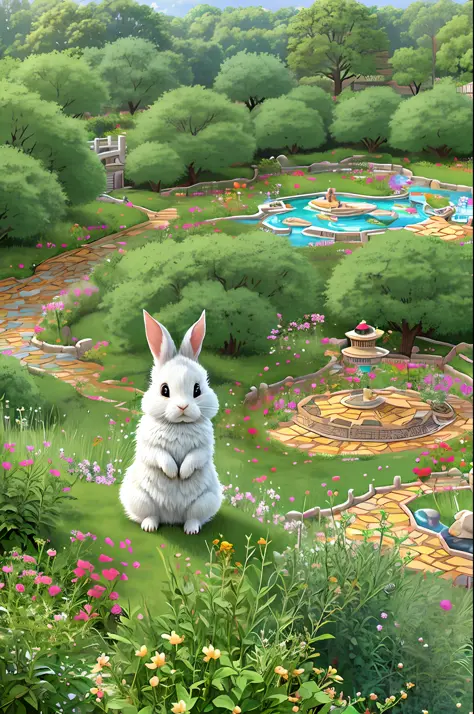 highly detailed, coloring book style, cute rabbit in flower garden, chinese, monochrome