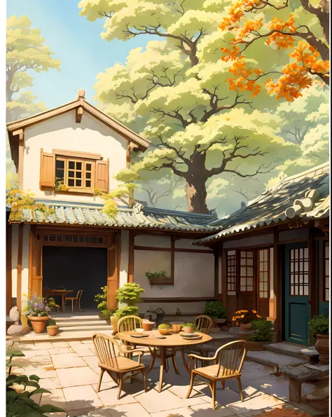 draw a courtyard with tables and chairs and a tree, chinese courtyard, the structure of the house is simple in chinese, warm lat...