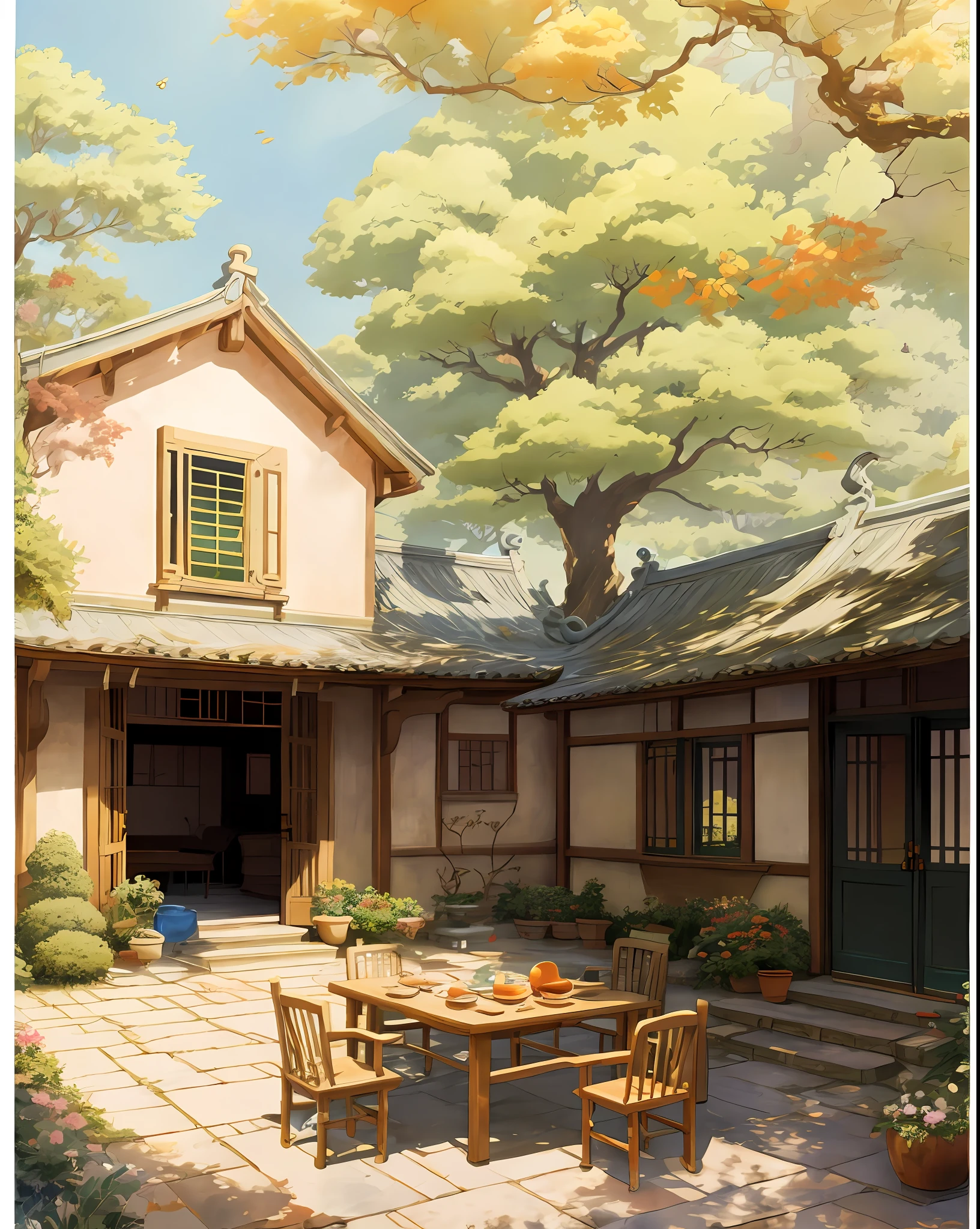 Draw a courtyard with tables and chairs and a tree, Chinese courtyard, the structure of the house is simple in Chinese, warm late autumn warm colors, tables and chairs in the yard, fruit plates on the table, flowers and plants around, beautiful artwork illustrations, landscape artwork, autumn, Zhou Chen, there is a persimmon tree, full of red persimmons, lens wide angle, far view, master works, anime background art, Studio Ghibli art, Studio Ghibli environment, beautiful digital painting, detailed scenery - width 672, Studio Ghibli style, Studio Ghibli Sunshine, beautiful digital artwork, painted by Ni Yuanlu, Studio Ghibli painting style