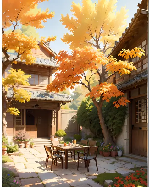 draw a courtyard with tables and chairs and a tree, chinese courtyard, the structure of the house is simple in chinese, warm lat...