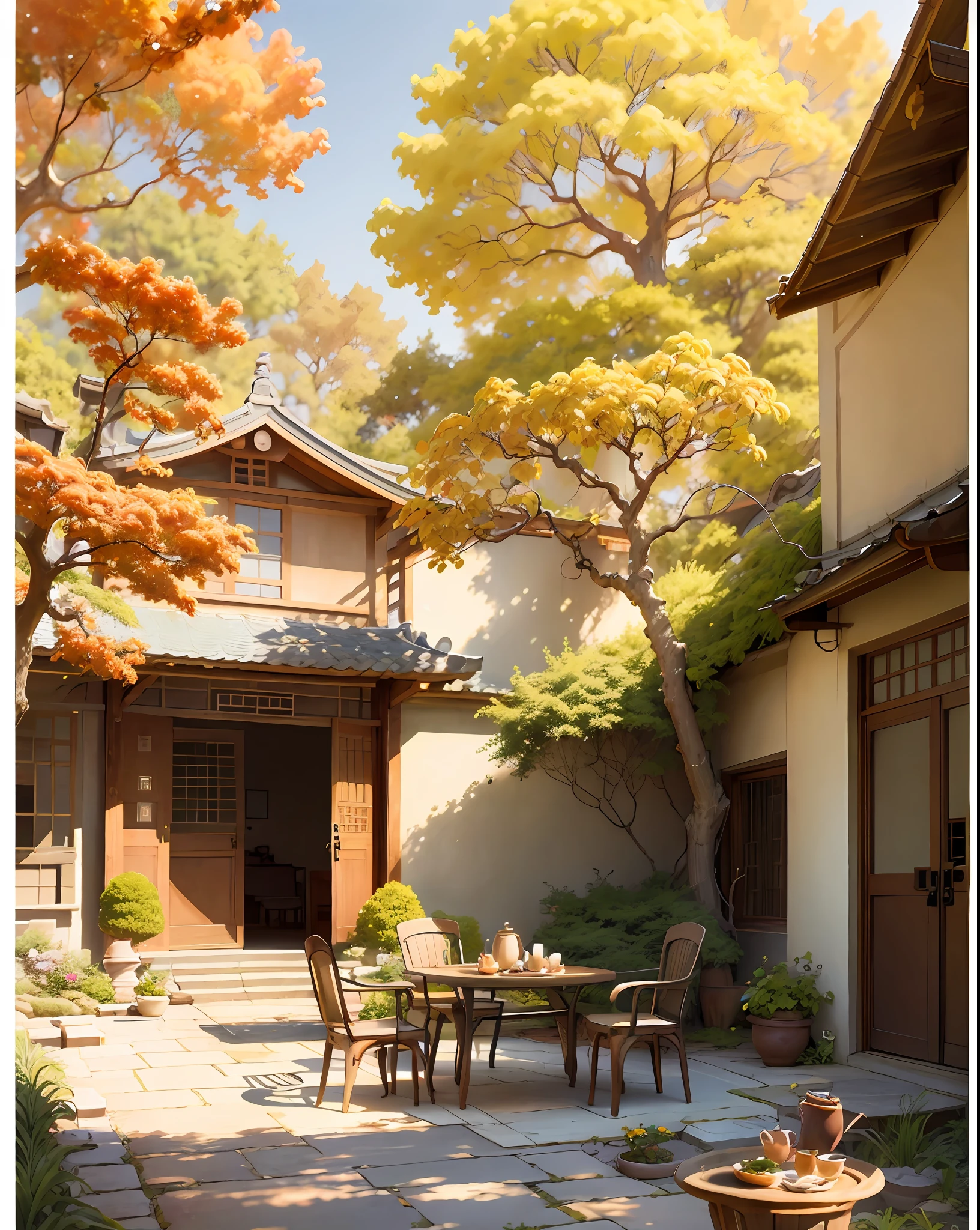 Draw a courtyard with tables and chairs and a tree, Chinese courtyard, the structure of the house is simple in Chinese, warm late autumn warm colors, tables and chairs in the yard, fruit plates on the table, flowers and plants around, beautiful artwork illustrations, landscape artwork, autumn, Zhou Chen, there is a persimmon tree, full of red persimmons, lens wide angle, far view, master works, anime background art, Studio Ghibli art, Studio Ghibli environment, beautiful digital painting, detailed scenery - width 672, Studio Ghibli style, Studio Ghibli Sunshine, beautiful digital artwork, painted by Ni Yuanlu, Studio Ghibli painting style