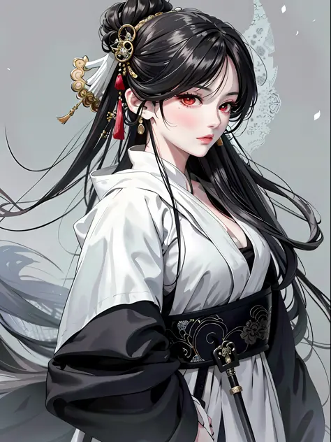 Masterpiece, Superb Style, Rainy Day, Chinese Style, Ancient China, 1 Woman, Ink Painting, Mature Woman, Silver-White Long Haired Woman, Hair Over Shoulder, Pale Pink Lips, Indifference, Seriousness, Bangs, Assassin, Sword, White Clothes, Blood, Facial Blo...