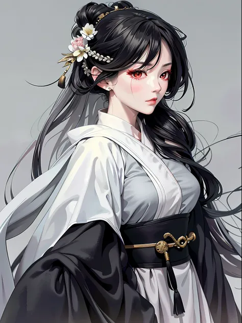 Masterpiece, Superb Style, Rainy Day, Chinese Style, Ancient China, 1 Woman, Ink Painting, Mature Woman, Silver-White Long Haired Woman, Hair Over Shoulder, Pale Pink Lips, Indifference, Seriousness, Bangs, Assassin, Sword, White Clothes, Blood, Facial Blo...