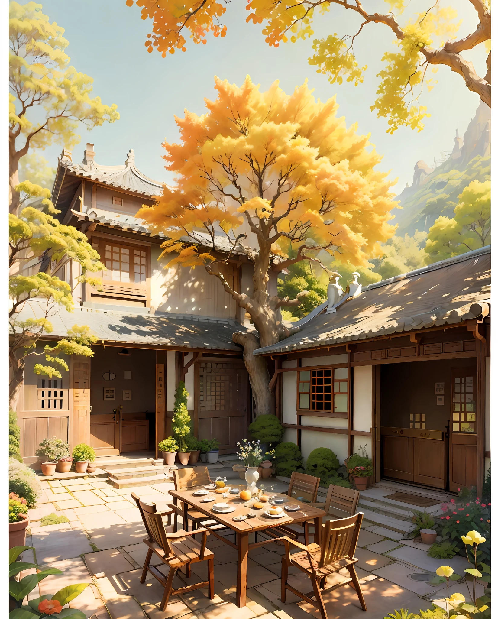 Draw a courtyard with tables and chairs and a tree, Chinese courtyard, the structure of the house is simple in Chinese, warm late autumn warm colors, tables and chairs in the yard, fruit plates on the table, flowers and plants around, beautiful artwork illustrations, landscape artwork, autumn, Zhou Chen, there is a persimmon tree, full of red persimmons, lens wide angle, far view, master works, anime background art, Studio Ghibli art, Studio Ghibli environment, beautiful digital painting, detailed scenery - width 672, Studio Ghibli style, Studio Ghibli Sunshine, beautiful digital artwork, painted by Ni Yuanlu, Studio Ghibli painting style