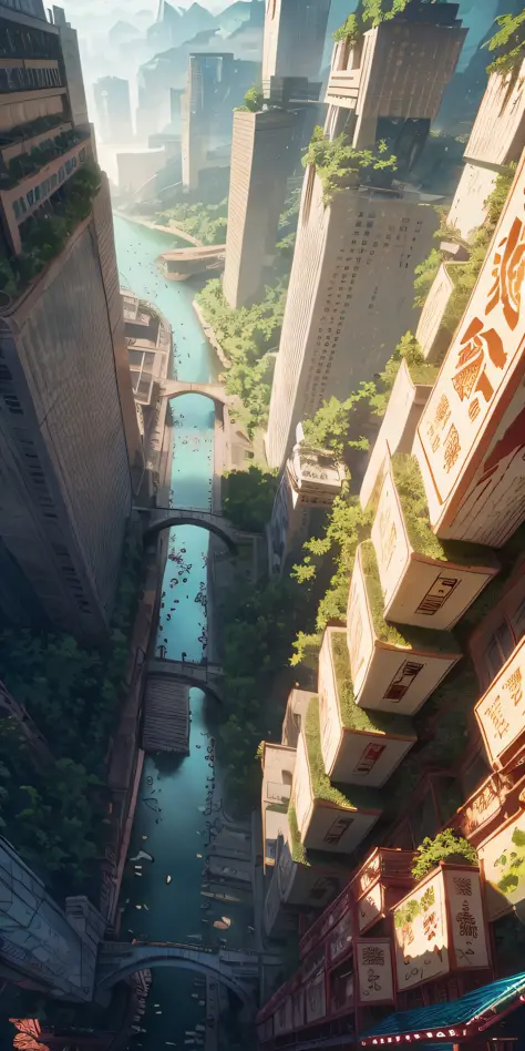 there is a picture of a city with a river running through it, octane render. by makoto shinkai, overgrowth. by makoto shinkai, makoto shinkai. octane render, makoto shinkai. high detail, inspired by Makoto Shinkai, makoto shinkai. —h 2160, greg rutkowski m...