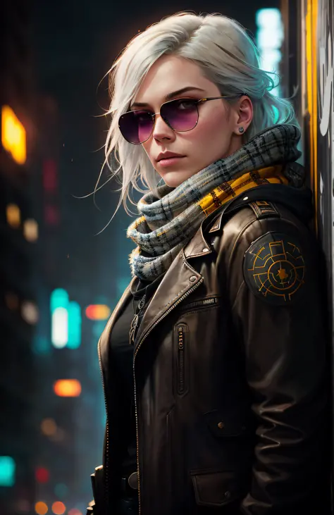 (dark photo: 1.1), realistic epic, halo portrait, with the face of my photo sunglasses, blue eyes, plaid scarf, white hair by Atey Ghailan, by Greg Rutkowski, by Greg Tocchini, by James Gilleard, by Joe Fenton, by Kaethe Butcher, yellow gradient, black, br...