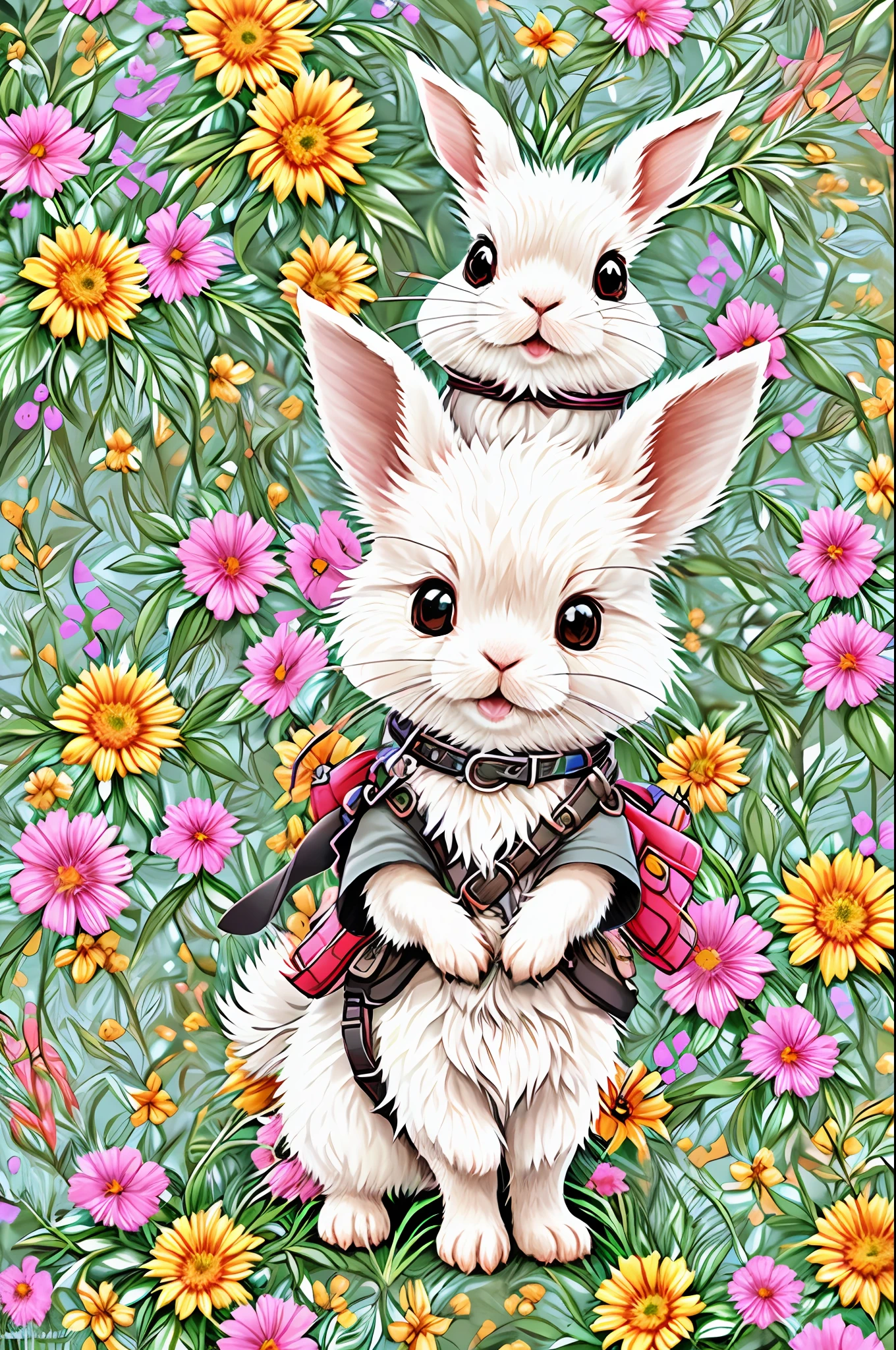 sehr detailliert, Malbuch-Stil, süßes und flauschiges Kaninchen im Blumengarten, Chinesisch, monochrome