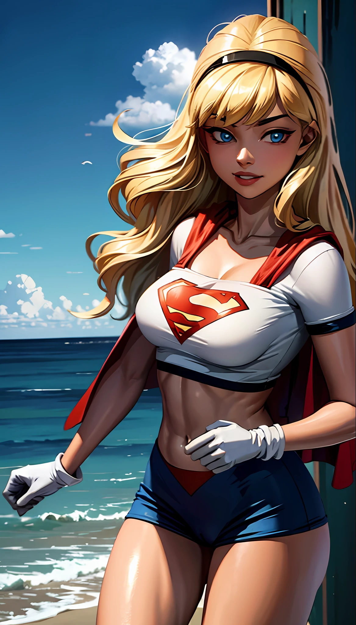 (cowboy shot), SFW, (masterpiece), (best quality: 1.0), (ultra highres: 1.0), detailed eyes,
BREAK
Supergirl, 1girl, long blonde hair, in the air, flying
hair band, \(blue\) crop top, bra, micro bikini, gloves, boots
BREAK
(Morning sun, beautiful beaches, beautiful trees, stunning view)