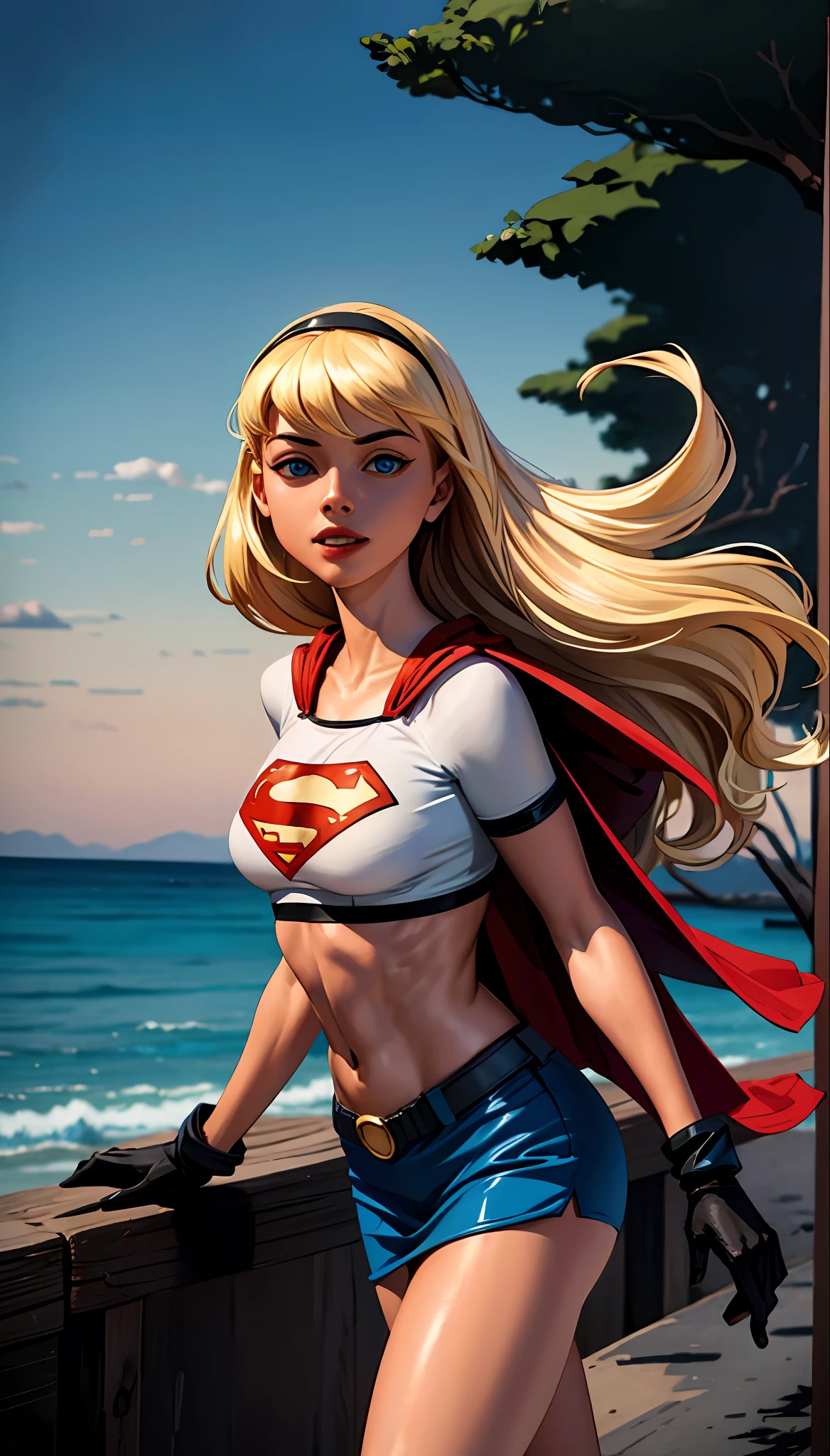 (cowboy shot), SFW, (masterpiece), (best quality: 1.0), (ultra highres: 1.0), detailed eyes,
BREAK
Supergirl, 1girl, long blonde hair, in the air, flying
hair band, \(blue\) crop top, bra, micro bikini, gloves, boots
BREAK
(Morning sun, beautiful beaches, beautiful trees, stunning view)