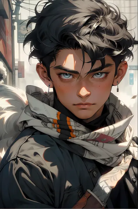 Realistic, (masterpiece, top quality, best quality, official art), very detailed, colorful, most detailed, gods, short hair, black hair, (magic), handsome man, snowflake, silver wolf