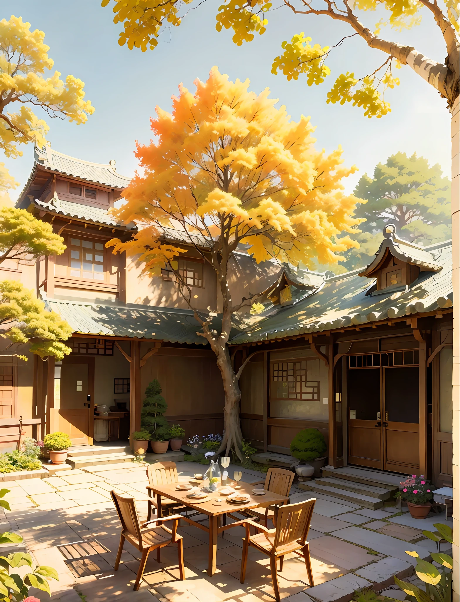 Draw a courtyard with tables and chairs and a tree, Chinese courtyard, the structure of the house is simple in Chinese, warm late autumn warm colors, tables and chairs in the yard, fruit plates on the table, flowers and plants around, beautiful artwork illustrations, landscape artwork, autumn, Zhou Chen, there is a persimmon tree, full of red persimmons, lens wide angle, far view, master works, anime background art, Studio Ghibli art, Studio Ghibli environment, beautiful digital painting, detailed scenery - width 672, Studio Ghibli style, Studio Ghibli Sunshine, beautiful digital artwork, painted by Ni Yuanlu, Studio Ghibli painting style