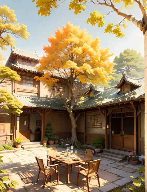 draw a courtyard with tables and chairs and a tree, chinese courtyard, the structure of the house is simple in chinese, warm lat...