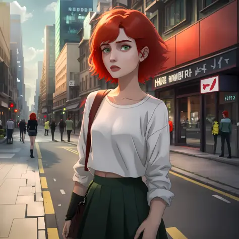 red-haired girl standing in the middle of town, short hair, red hair, long-sleeved shirt, green skirt, green eyes, young girl, y...