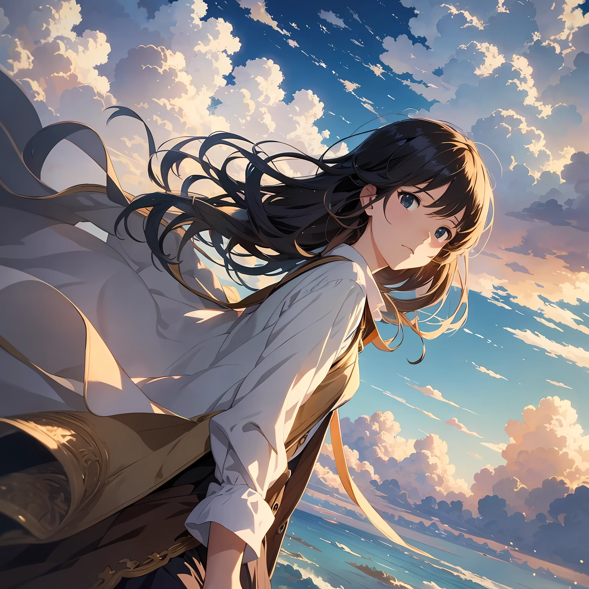 masterpiece, highest image quality, highest quality, super detail, high resolution illustration, official art, clouds, girl falling from above the sky, sky, from afar, wide shot, 1girl in the distance, detailed 1girl, Makoto Shinkai, anime,
