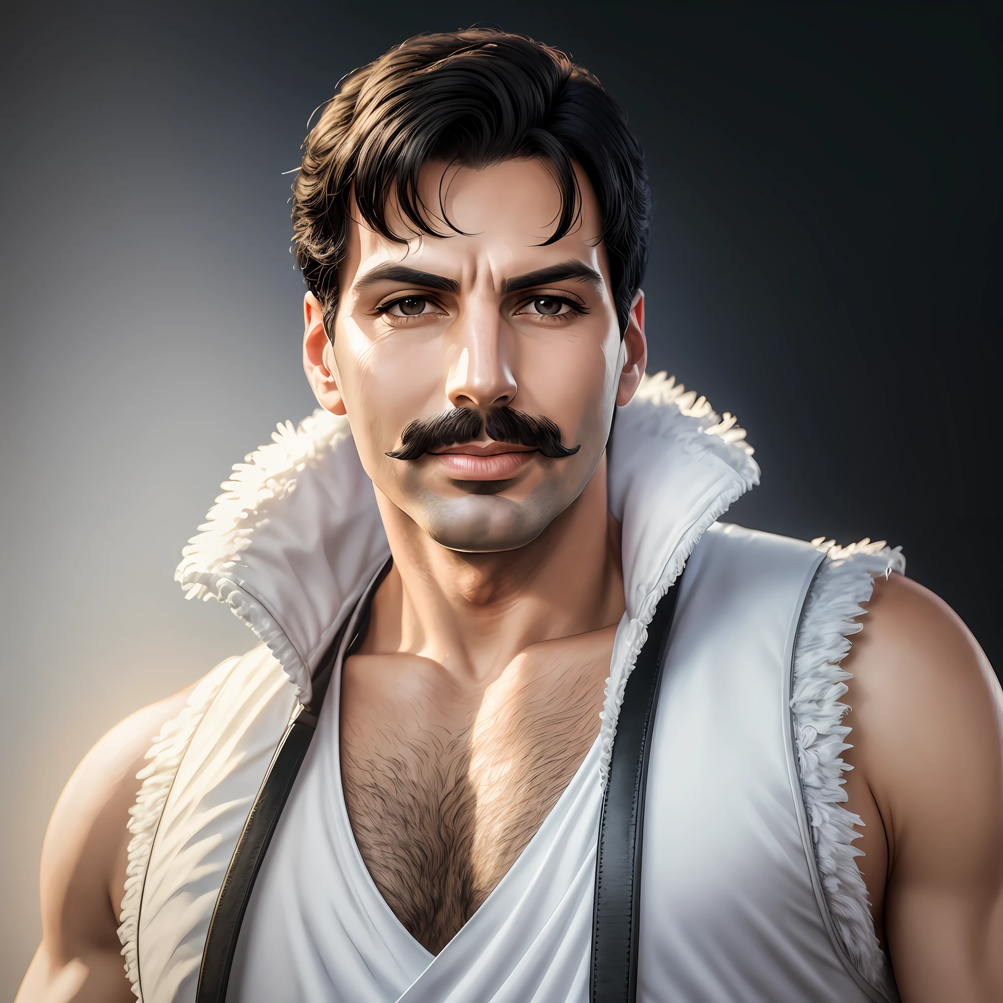 Freddie Mercury, wearing a white vest, smiling expressions, realistic portraits, taking photos in front of a wall with a colorful gradient, Raw simulation style, makes him the focal point of the image. Pay attention to details such as highlights and shadows on the face and hair to create a realistic and realistic image. Try different lighting techniques to enhance the mood and atmosphere of your portrait. ((High Detail Skin, Skin Detail)), Clear Focus, Volumetric Fog, 8K Ultra HD, SLR, High Quality, Film Granules, Fujifilm XT3 --auto --s2