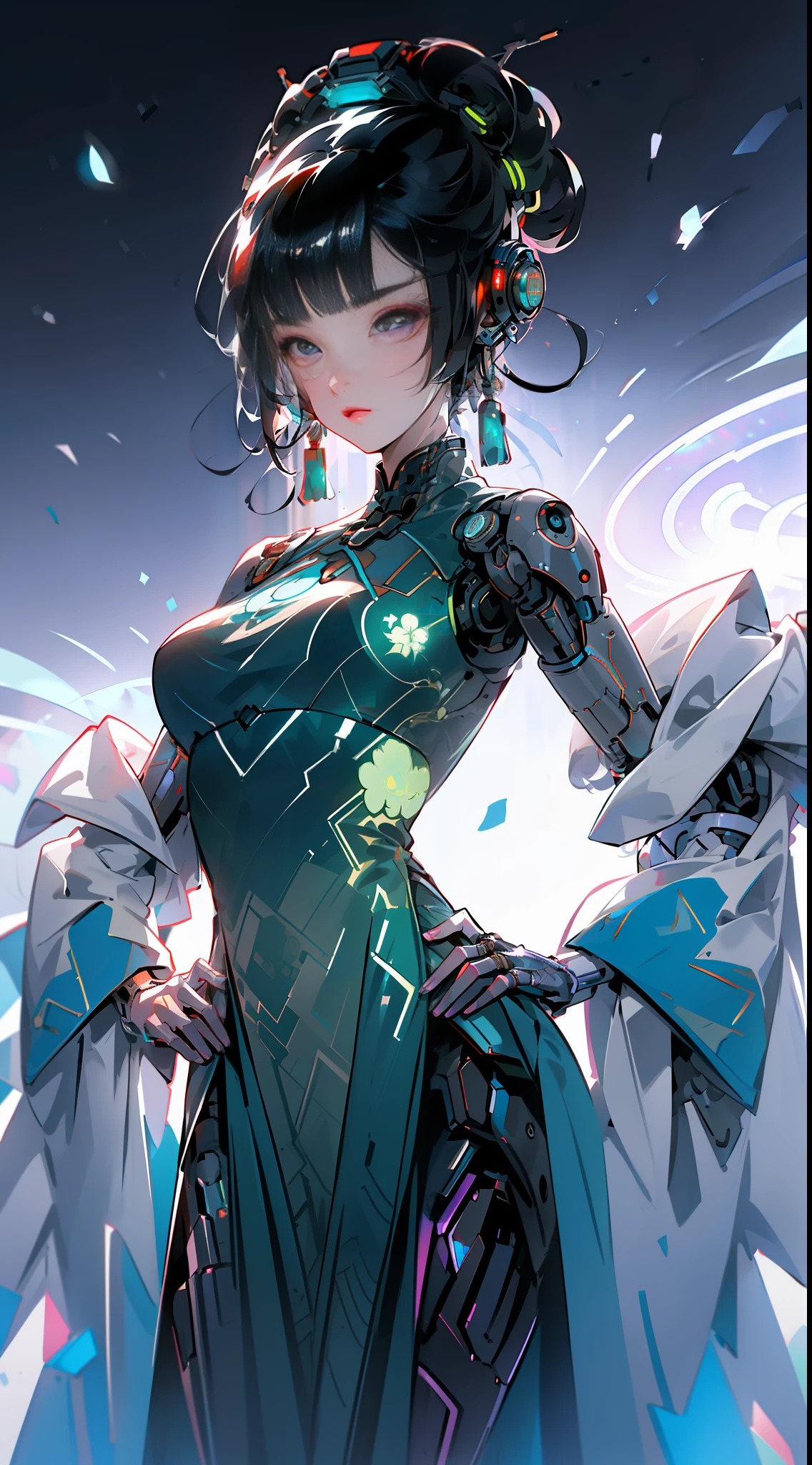 ((Cyberpunk style, robotic arm, holographic aura, surreal sci-fi art, futuristic sci-fi aesthetics)), 1 girl solo, close-up, (beautiful eyes), (ancient Chinese clothes, embroidered pleated skirt, embroidered collar Uesugi, large sleeves, streamers), (hairpins), (hanfu), (clear facial features, detailed skin texture, pretty face), (8k, raw photos, best quality, masterpiece: 1.2), (realistic, photo fidelity: 1.4), (very detailed CG Unity 8k wallpaper), full body, (neon: 1.4)