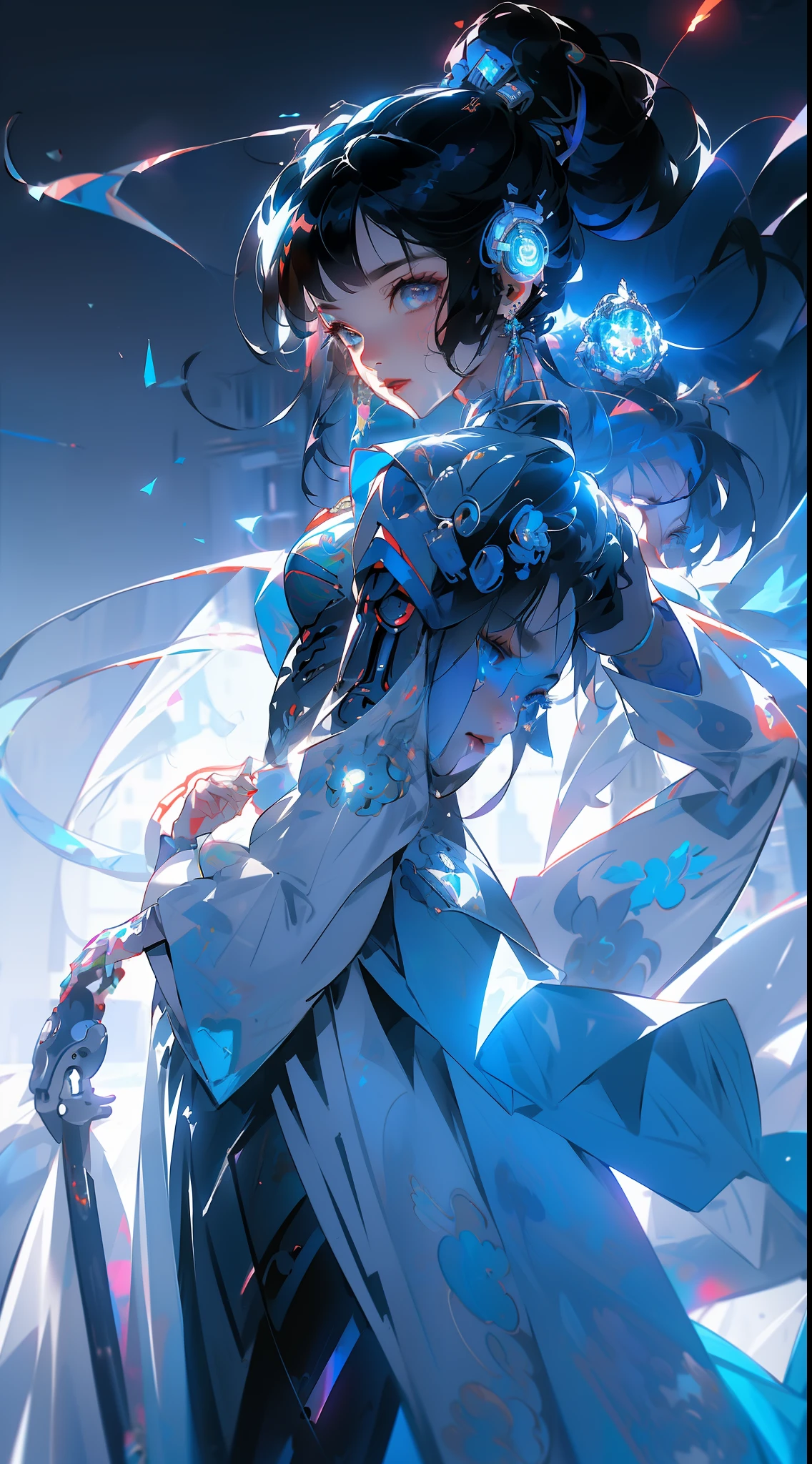 ((Cyberpunk style, robotic arm, holographic aura, surreal sci-fi art, futuristic sci-fi aesthetics)), 1 girl solo, close-up, (beautiful eyes), (ancient Chinese clothes, embroidered pleated skirt, embroidered collar Uesugi, large sleeves, streamers), (hairpins), (hanfu), (clear facial features, detailed skin texture, pretty face), (8k, raw photos, best quality, masterpiece: 1.2), (realistic, photo fidelity: 1.4), (very detailed CG Unity 8k wallpaper), full body, (neon: 1.4)