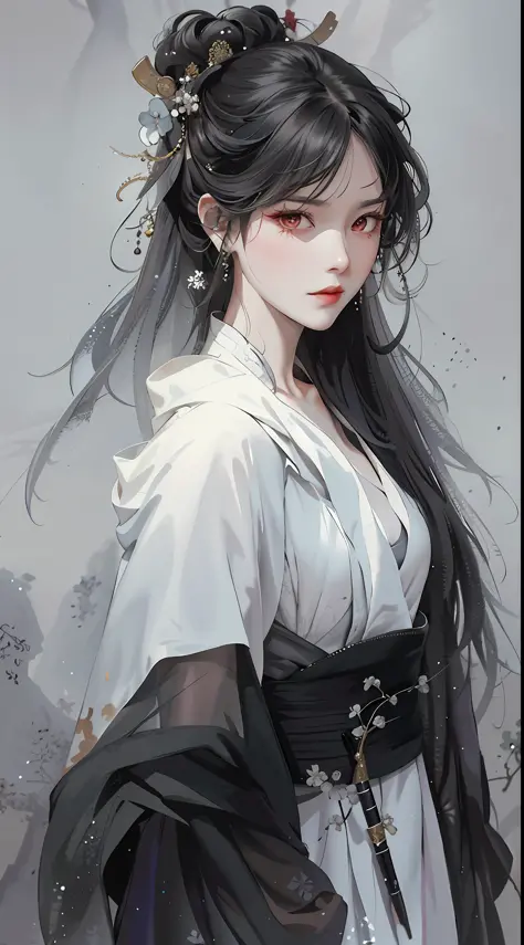 Masterpiece, Superb Style, Rainy Day, Chinese Style, Ancient China, 1 Woman, Light Gauze Dress, Ink Painting, Mature Woman, Silver-White Long Haired Woman, Hair Over Shoulder, Pale Pink Lips, Indifference, Seriousness, Bangs, Assassin, Sword, White Clothes...
