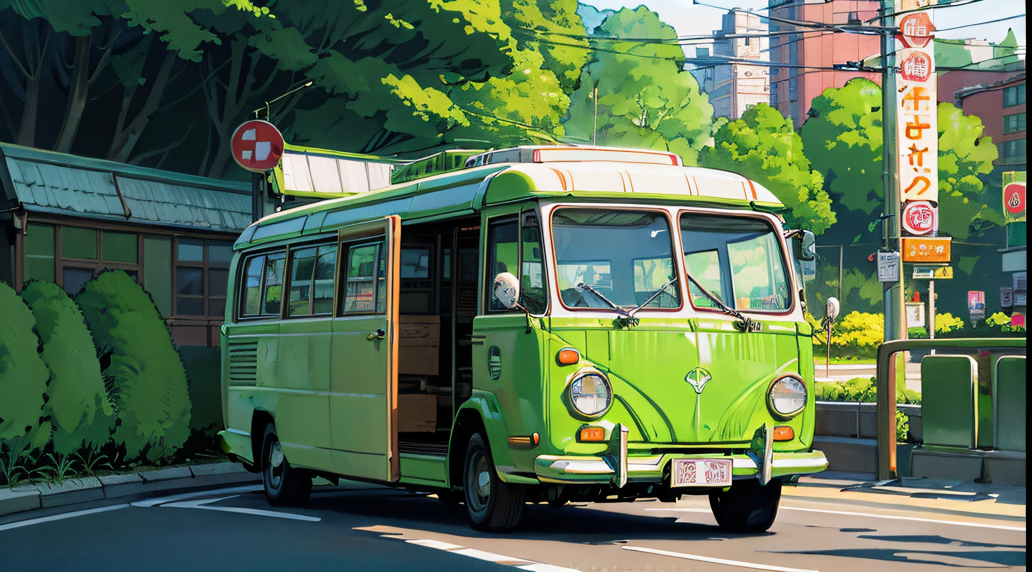 há um ônibus verde e branco passando pela estrada, papel de parede incrível, Combinado, papel de parede de alta qualidade, papel de parede móvel, papel de parede de alta qualidade, bulli, Papel de parede HD, papel de parede do iphone, papel de parede 4k, papel de parede 4k, estilo rob rey e kentaro miura, bussiere rutkowski andreas rocha, só uma piada