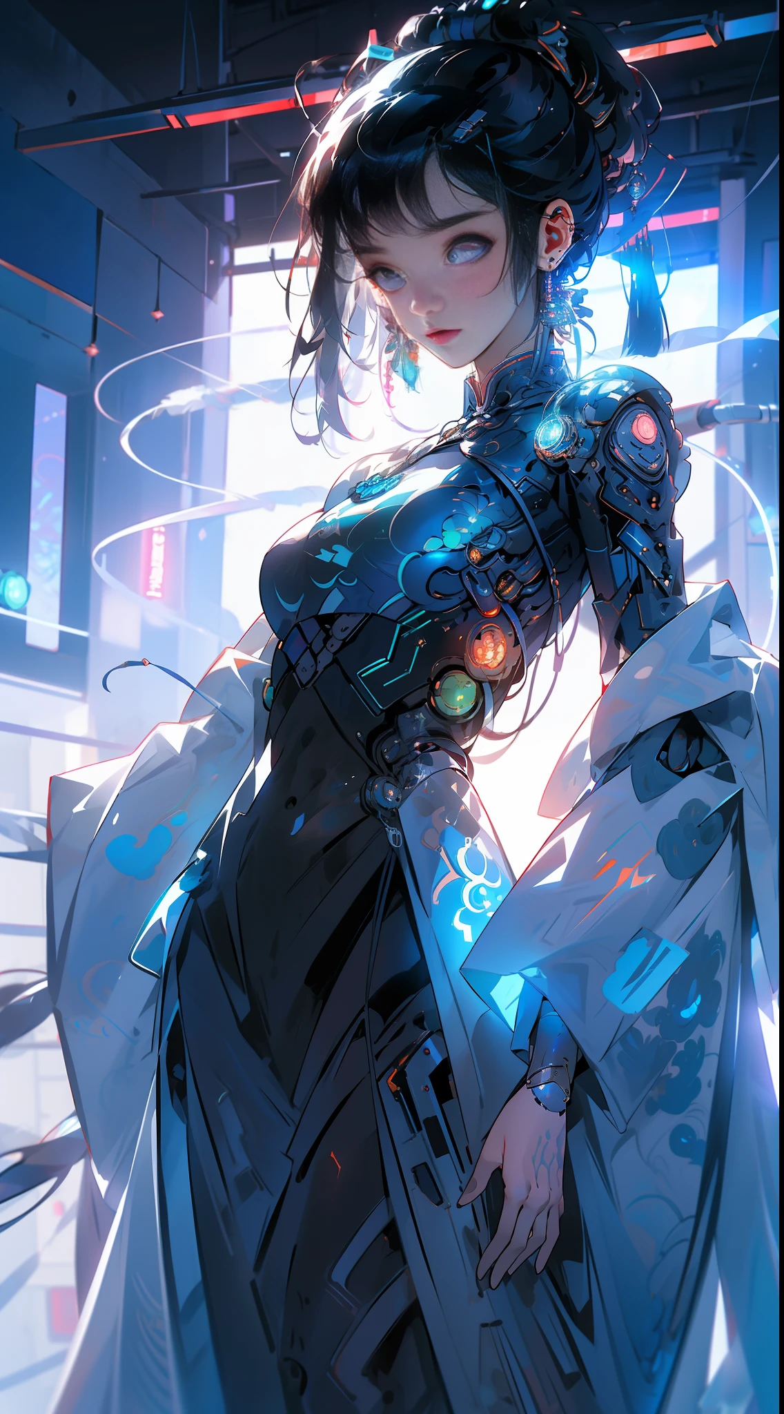 ((Cyberpunk style, robotic arm, holographic aura, surreal sci-fi art, futuristic sci-fi aesthetics)), 1 girl solo, close-up, (beautiful eyes), (ancient Chinese clothes, embroidered pleated skirt, embroidered collar Uesugi, large sleeves, streamers), (hairpins), (hanfu), (clear facial features, detailed skin texture, pretty face), (8k, raw photos, best quality, masterpiece: 1.2), (realistic, photo fidelity: 1.4), (very detailed CG Unity 8k wallpaper), full body, (neon: 1.4)