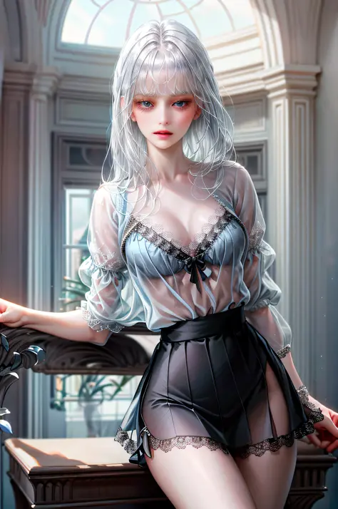 One creates a girl with blue eyes, beautiful, thin, flat, and may be wearing a businesswoman's uniform (bangs, straight silver hair), women, ((light blue, sheer blouse front opening, light blue sheer slit miniskirt)), ((black lace underwear), biting in)), ...