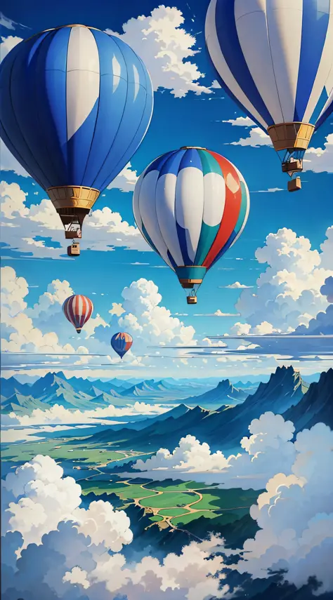 There are a lot of hot air balloons, anime clouds, anime skies, beautiful fluffy clouds in the sky. anime, anime background art, fluffy blue and white anime clouds, anime landscape wallpaper, clear beautiful sky, peaceful clouds, bright clouds, beautiful a...