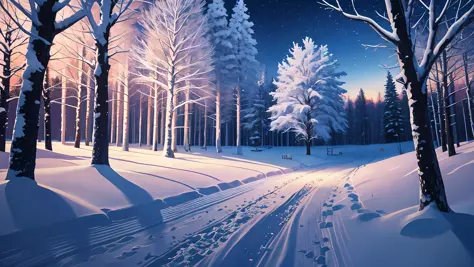 realistic, photo, snow, night, snow road, high resolution, tree, bloom, movie lighting