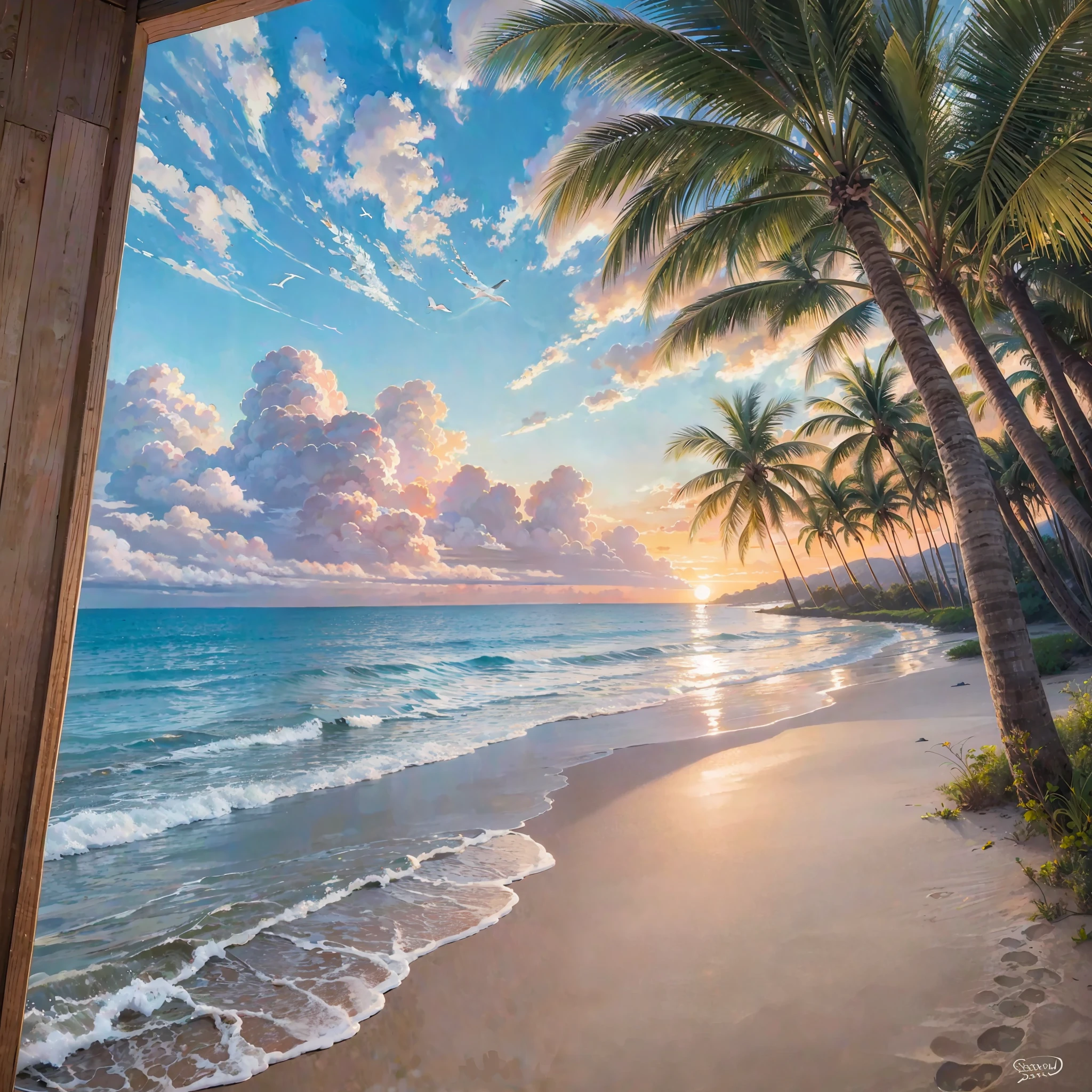 A traditional oil painting depicting a serene beach scene at dawn, with soft pastel colors, gentle waves lapping against the shore, palm trees swaying in the breeze, and seagulls soaring in the clear sky, presented in a classic --auto --s2