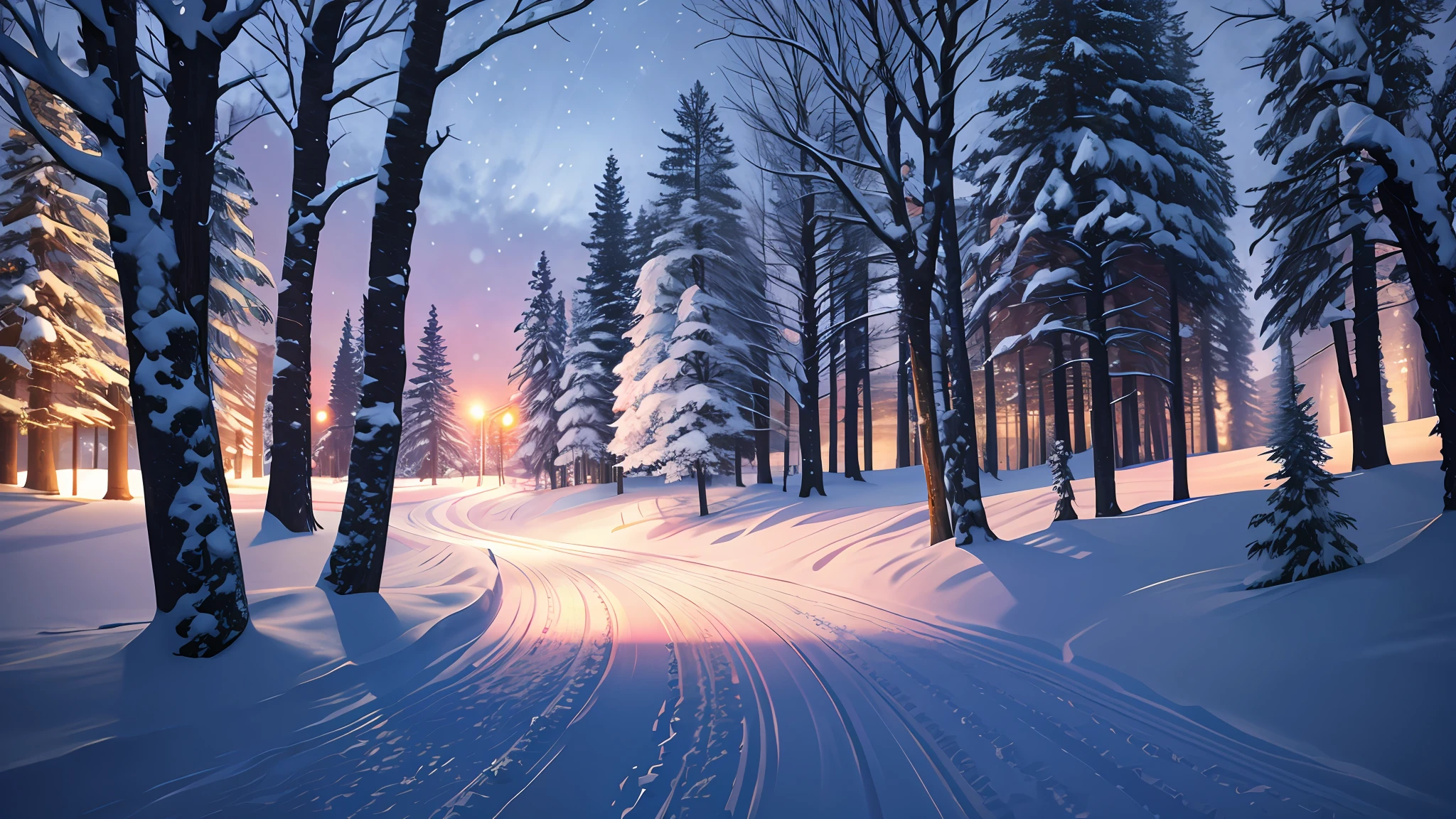 Realista, foto, nieve, noche, nieve road, alta resolución, real, árbol, Floración, iluminación cinematográfica, cielo