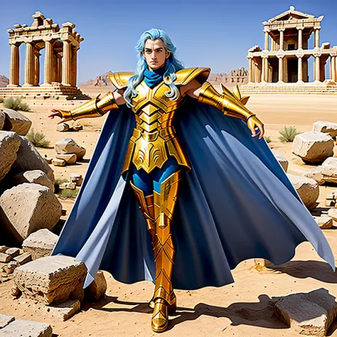 masterpiece, best quality, masterpiece, detailed face, detailed eyes, full body, Henry Cavil wearing golden armor of fish, ruins of the Greek temple in the desert, attack pose, cape, man, long hair, light blue hair,