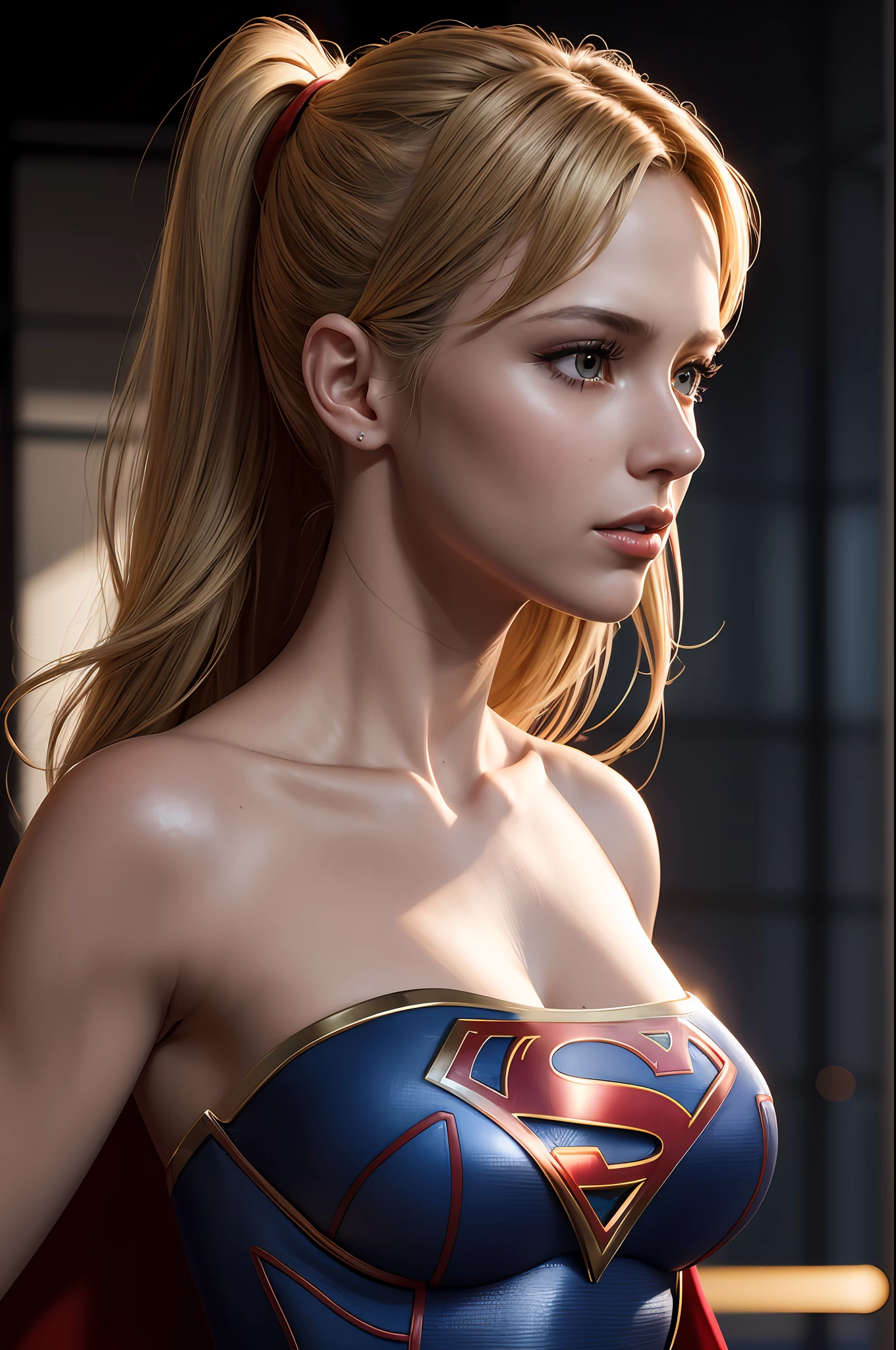 side view ,masterpiece,1girl, a woman, supergirl, cleavage, high detailed skin texture, 8k, Bright lighting, face lighting,  (extremely detailed CG unity 8k wallpaper), trending on ArtStation, trending on CGSociety, High Detail, Sharp focus, dramatic, beautiful background, full shoot, high quality, (beautiful face), (detailed face), beautiful hands