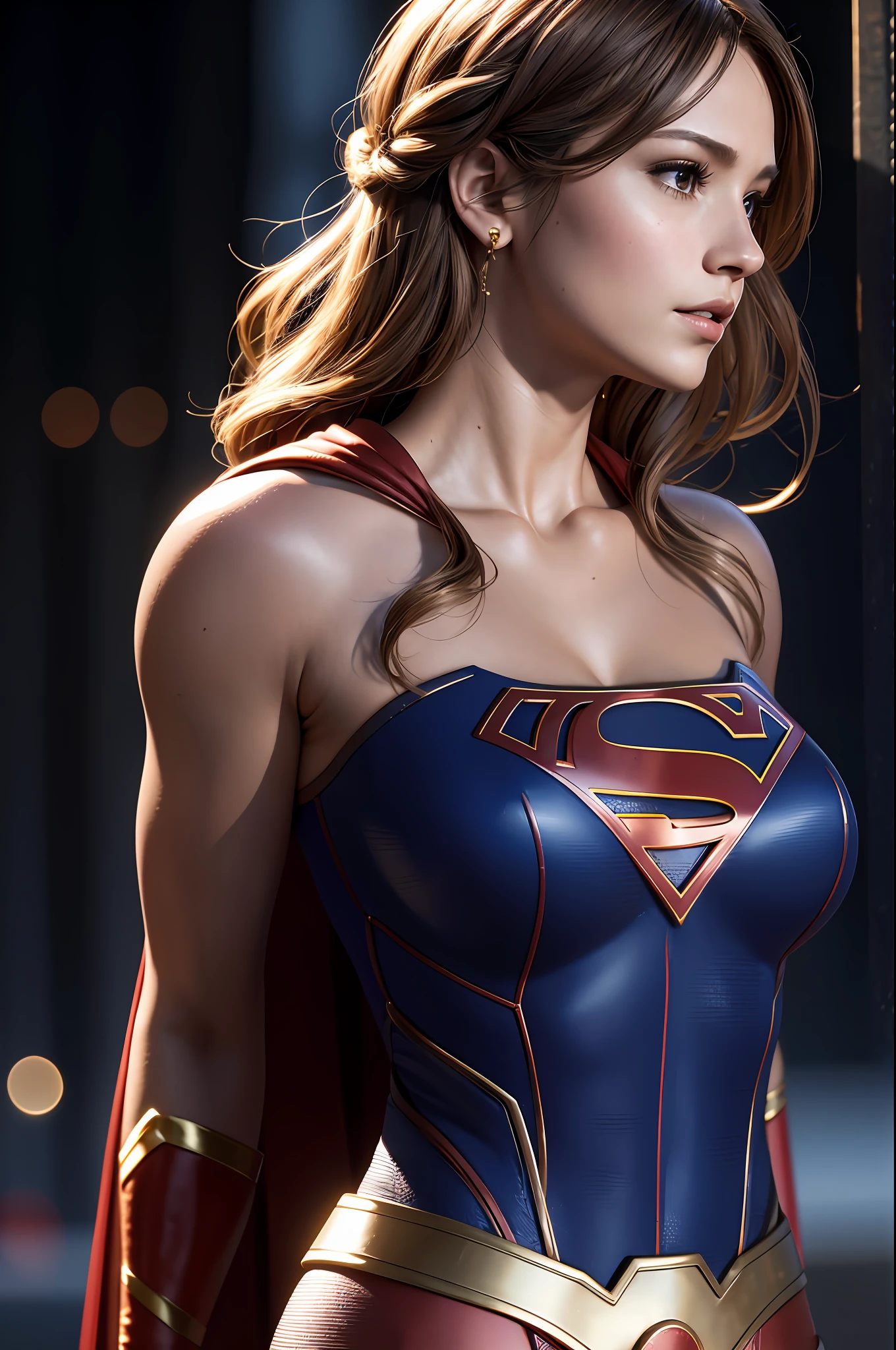 side view ,masterpiece,1girl, a woman, supergirl, cleavage, high detailed skin texture, 8k, Bright lighting, face lighting,  (extremely detailed CG unity 8k wallpaper), trending on ArtStation, trending on CGSociety, High Detail, Sharp focus, dramatic, beautiful background, full shoot, high quality, (beautiful face), (detailed face), beautiful hands