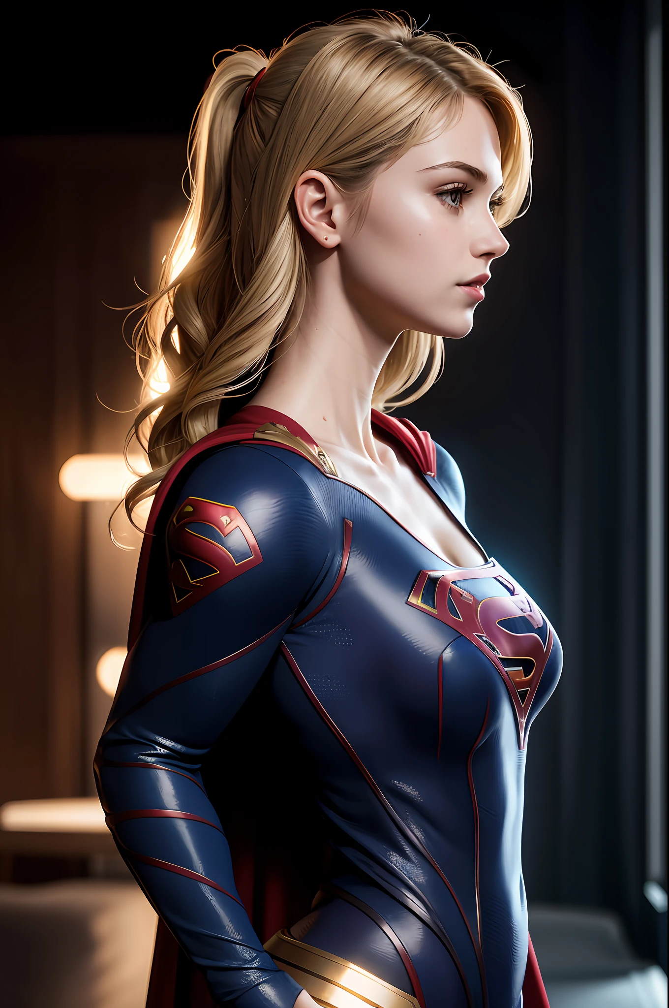 side view ,masterpiece,1girl, a woman, supergirl, cleavage, high detailed skin texture, 8k, Bright lighting, face lighting,  (extremely detailed CG unity 8k wallpaper), trending on ArtStation, trending on CGSociety, High Detail, Sharp focus, dramatic, beautiful background, full shoot, high quality, (beautiful face), (detailed face), beautiful hands